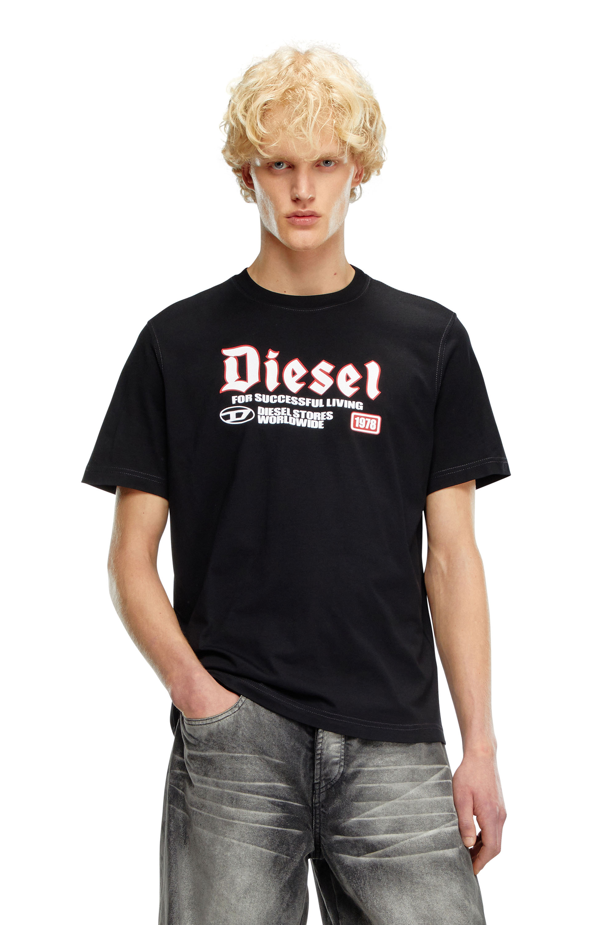Diesel - T-ADJUST-K1, Man T-shirt with flocked Diesel print in Black - Image 1