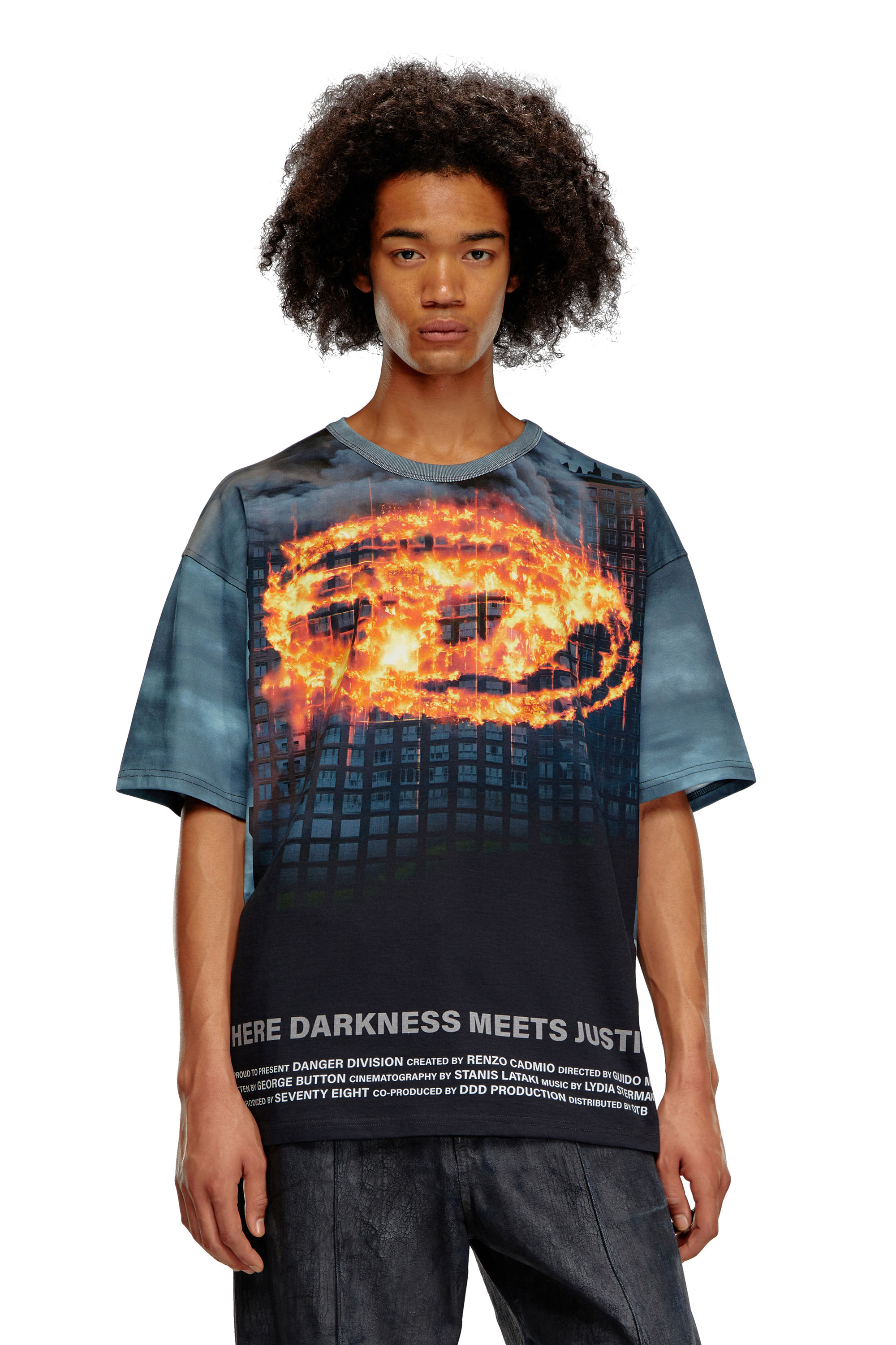 Diesel - T-BOXT-P2, Man's T-shirt with burning Oval D poster in Black/Blue - 1