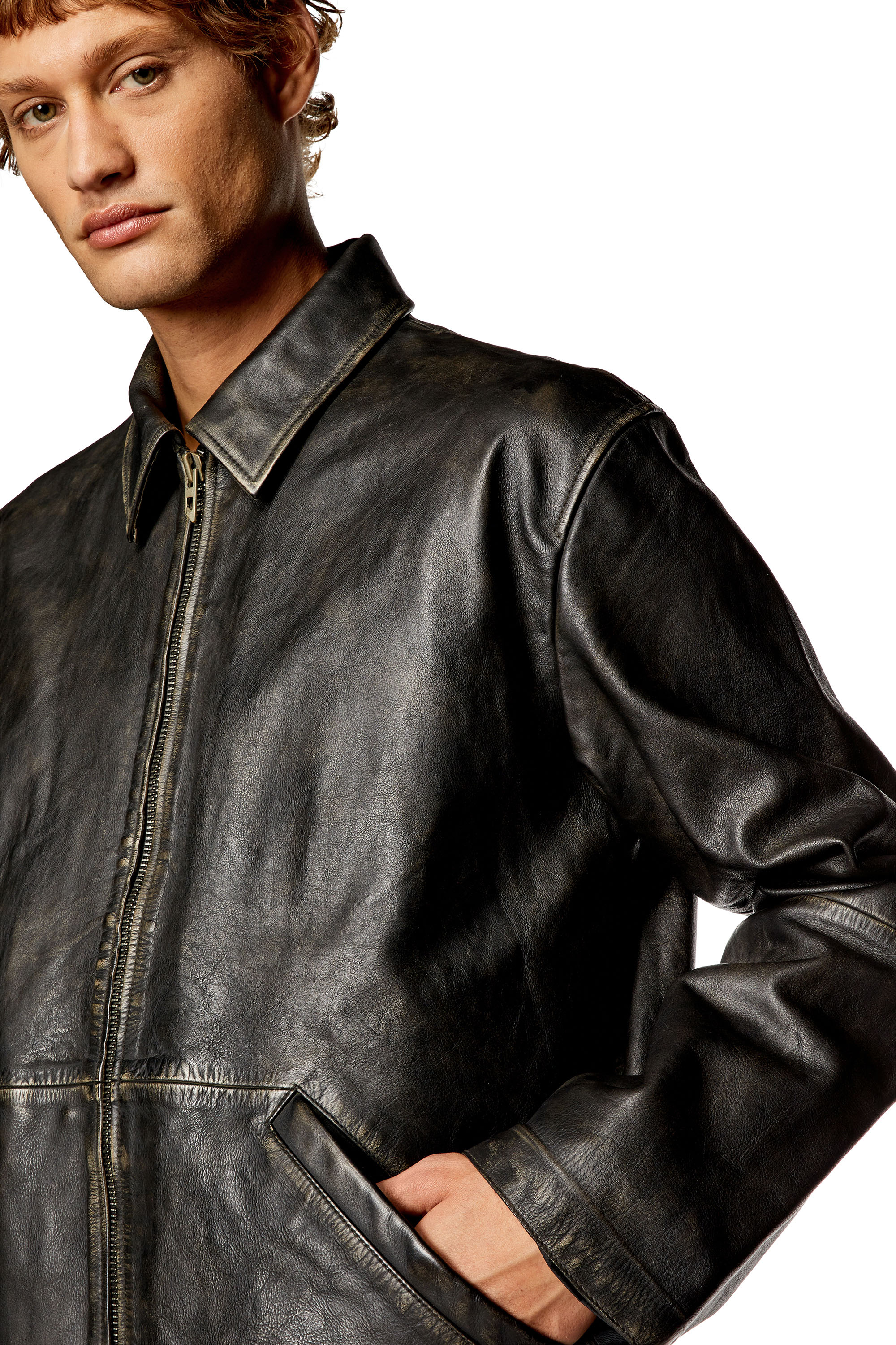 Diesel - L-STOLLER-TREAT, Man Treated leather jacket with raw edges in Black - Image 5
