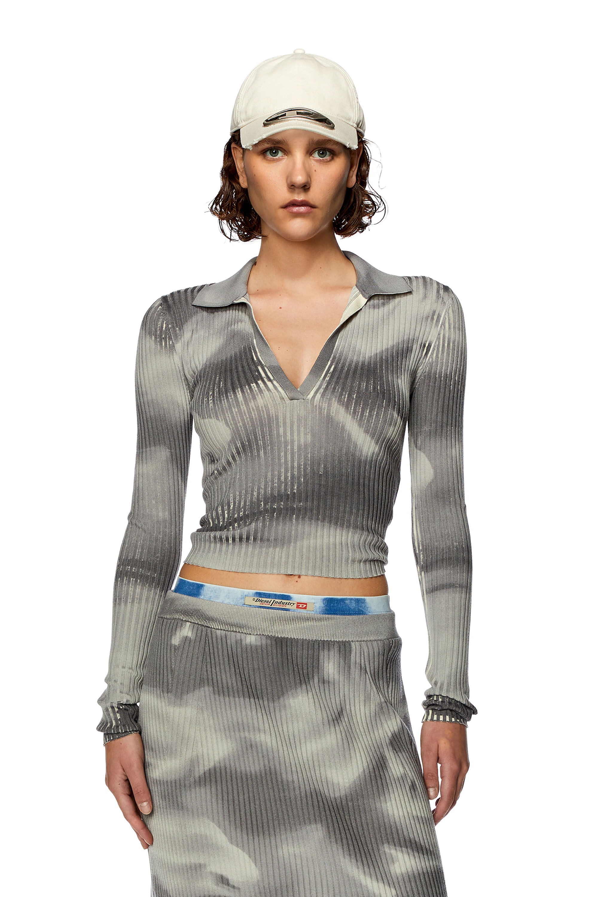 Diesel - M-BRIANA, Woman Wool-knit polo top with camo print in Grey - Image 1