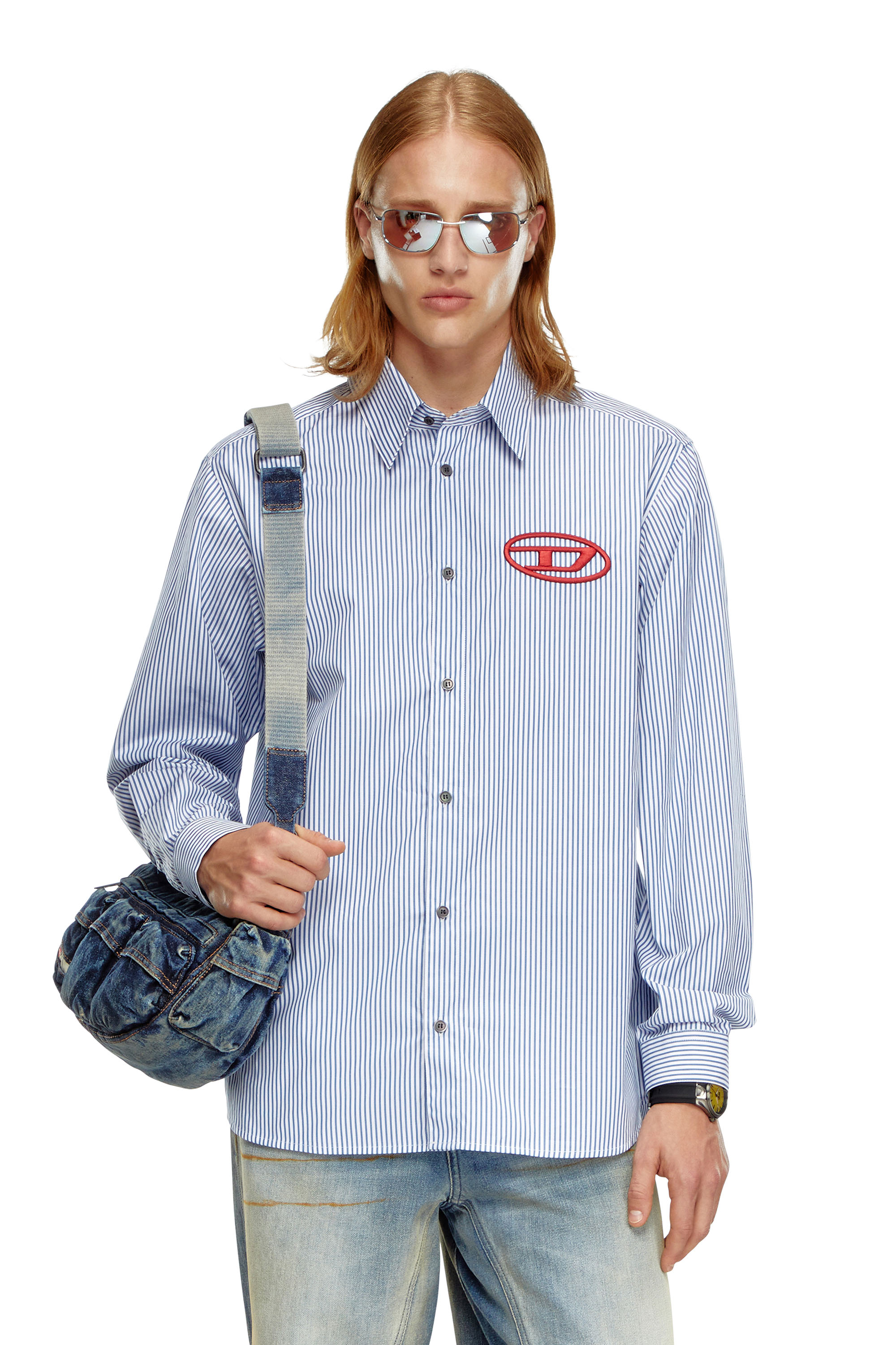 Diesel - S-SIMPLY-E, Man Striped shirt with Oval D embroidery in Blue - Image 1