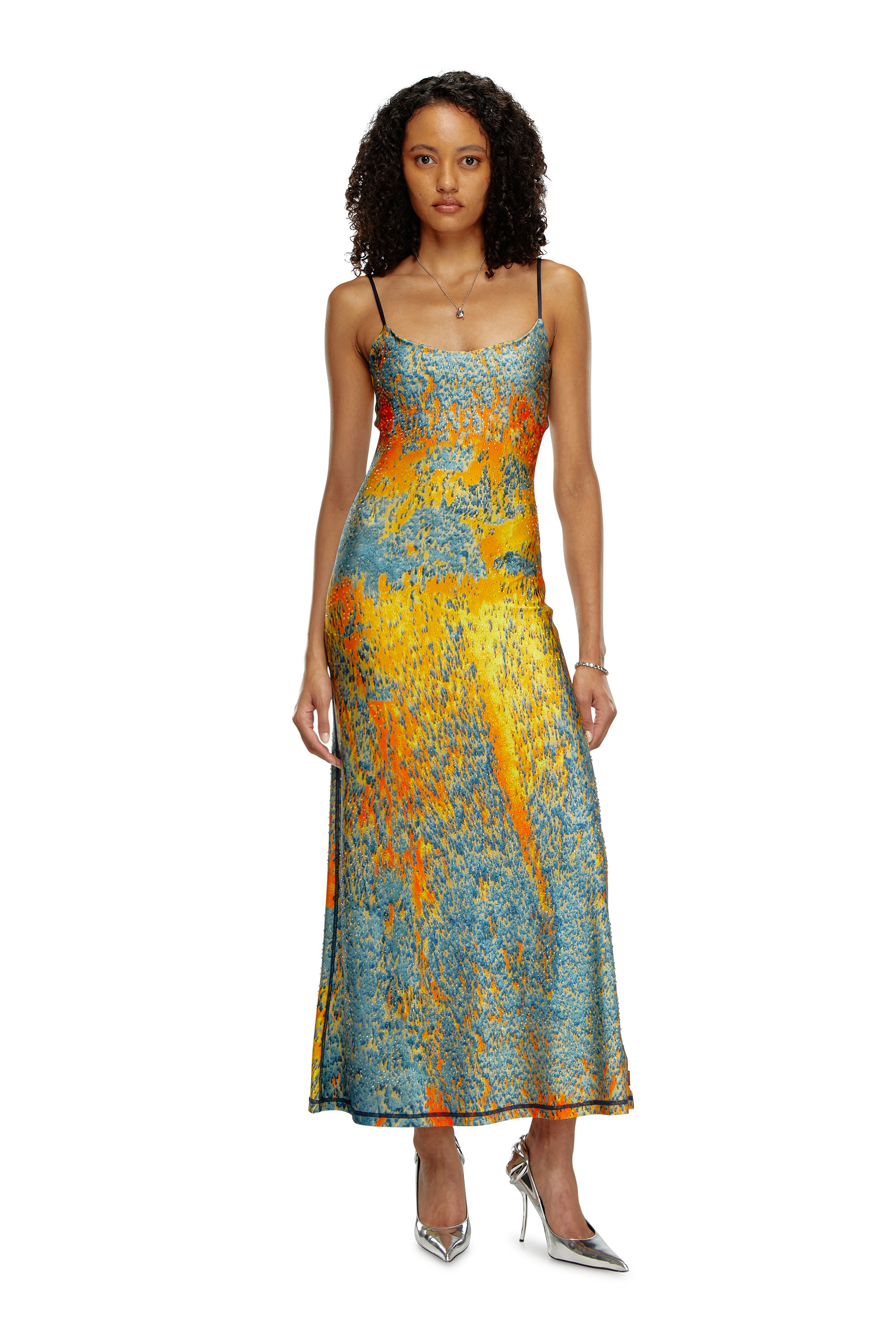 Diesel - D-AMOUR, Woman's Long printed dress with clear crystals in Blue/Orange - 3