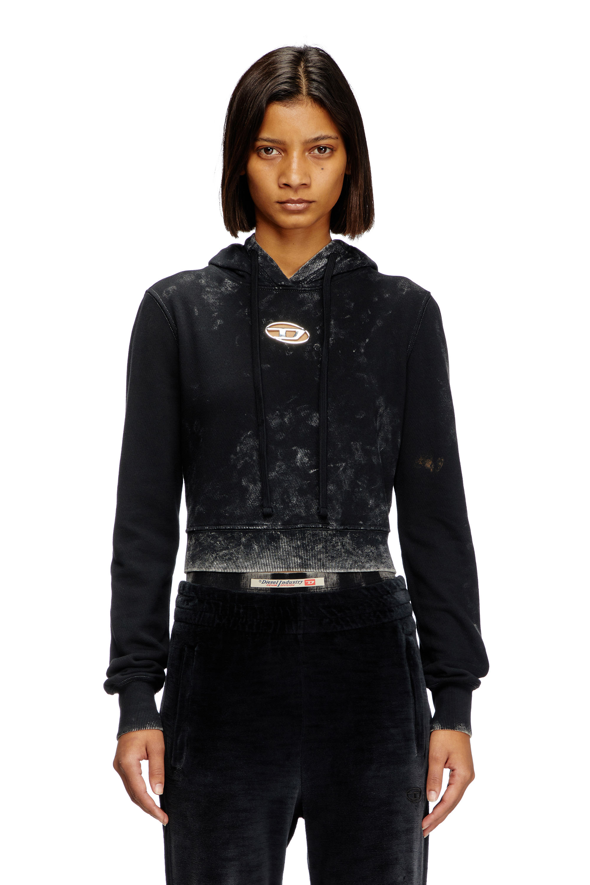 Diesel - F-SLIMMY-HOOD-P5, Woman's Faded cut-out hoodie with metal logo in Black - 1