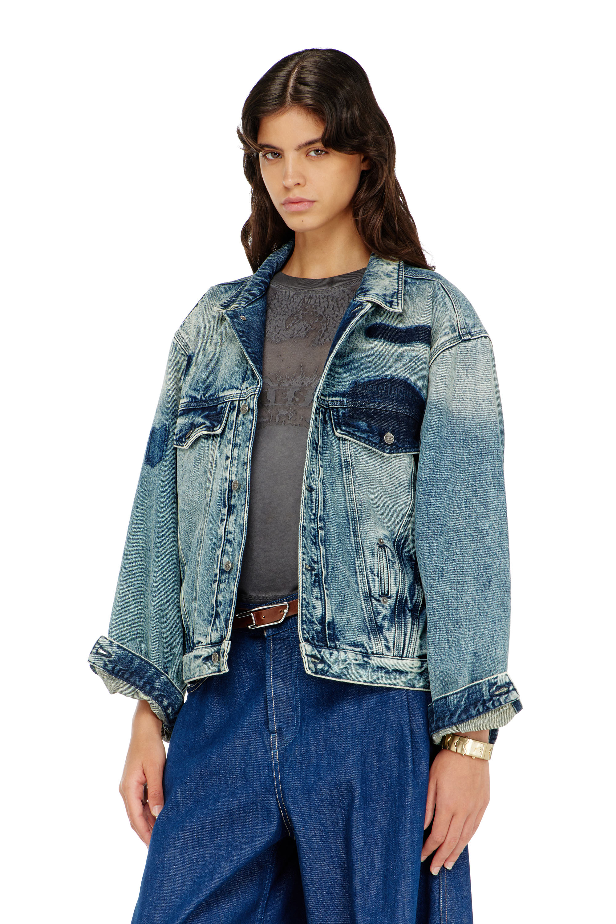 Diesel - D-DENVER-S2, Unisex's Trucker jacket with patch effects in Medium blue - 1