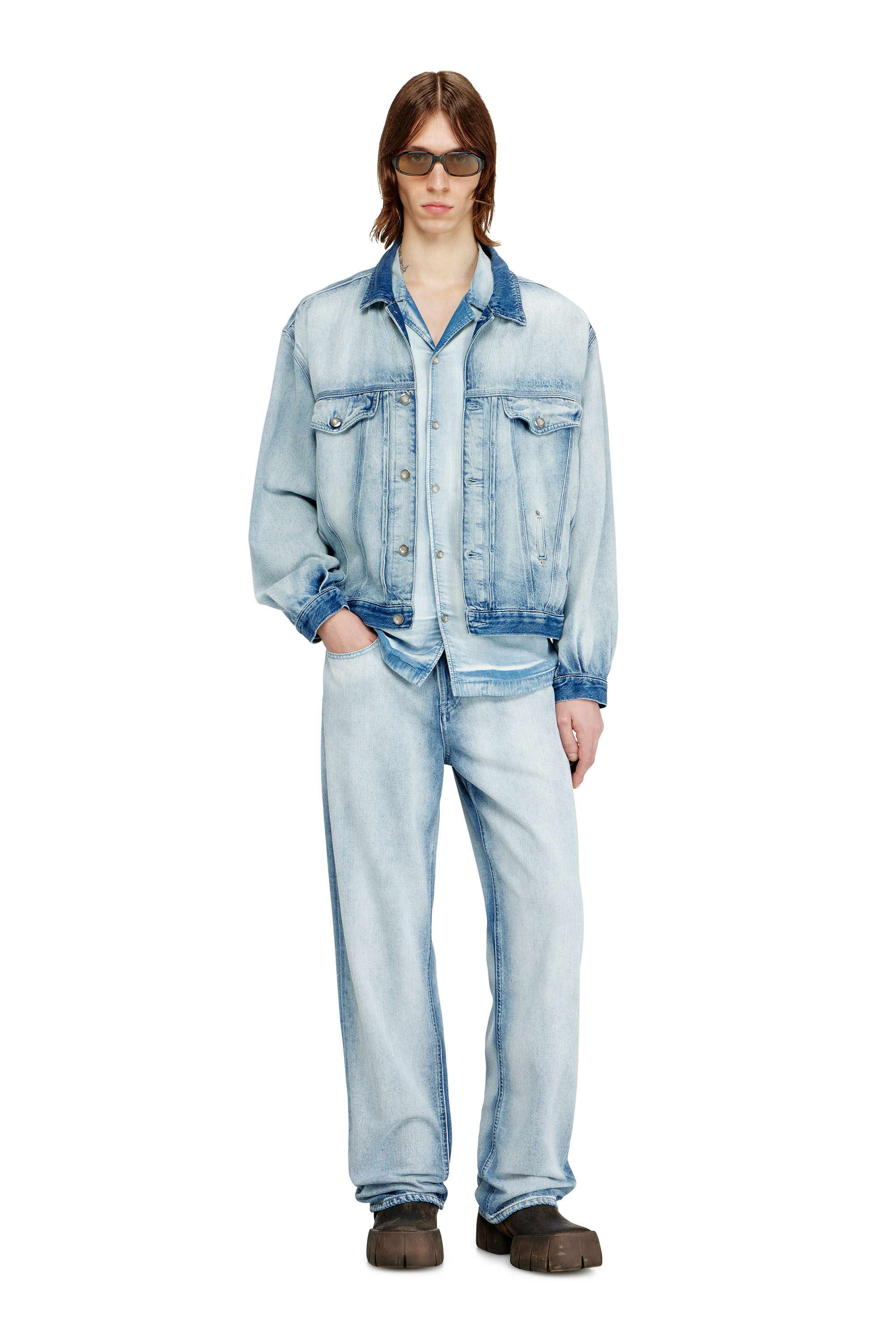 Diesel - D-DENVER-FSI1, Unisex's Trucker jacket in medium-light skeleton denim in Light Blue - 1