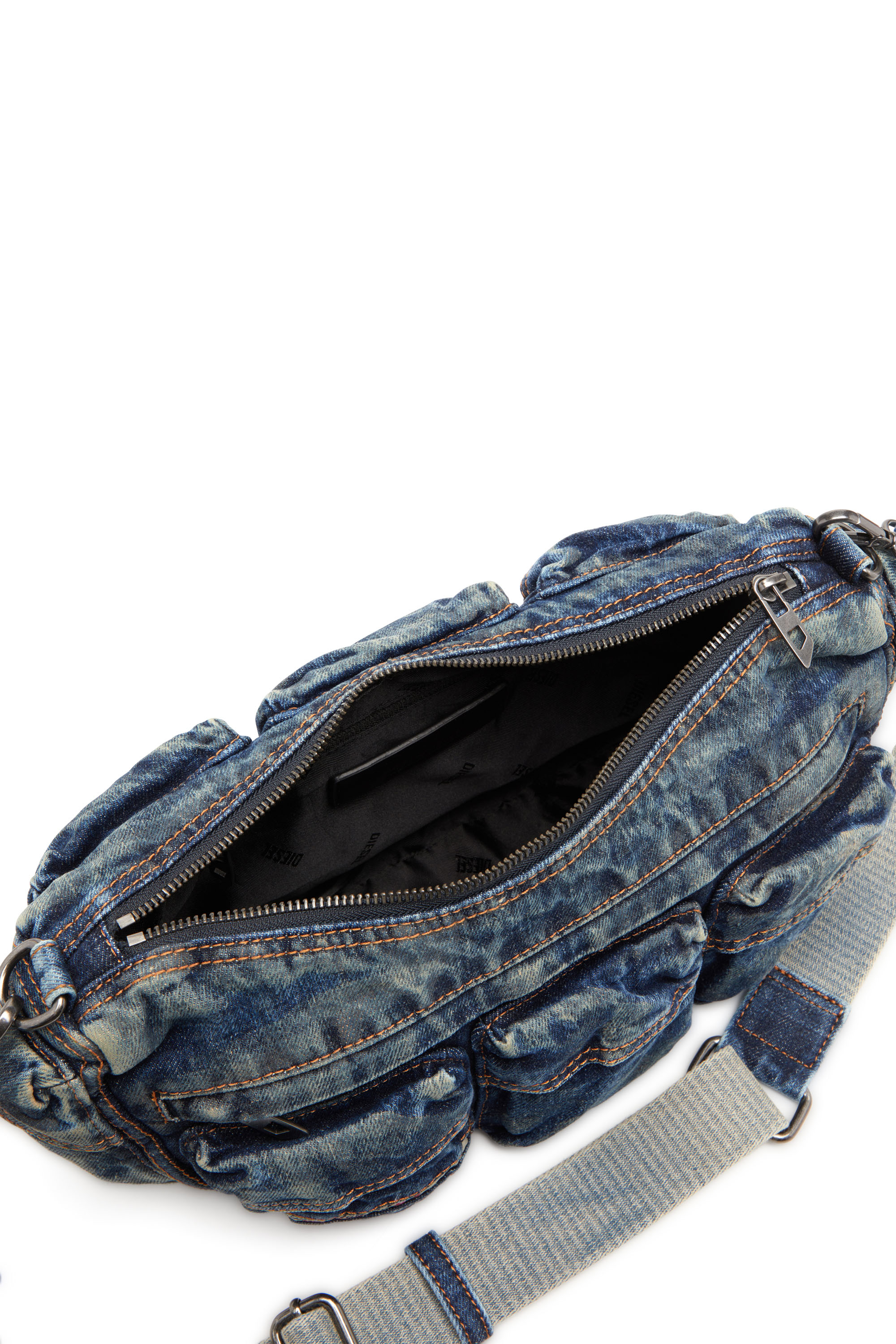 Diesel - RE-EDITION TRAVEL 3000 SHOULDER BAG X, Unisex's Travel 3000-Multipocket bag in treated denim in Blue - 3