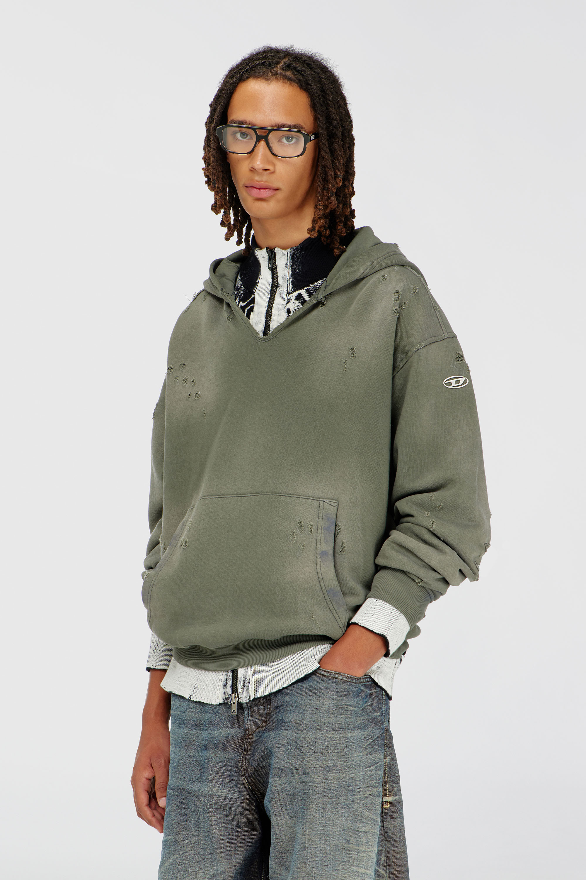 Diesel - S-KEITHY, Man's Distressed hoodie with V-neck in Olive Green - 1