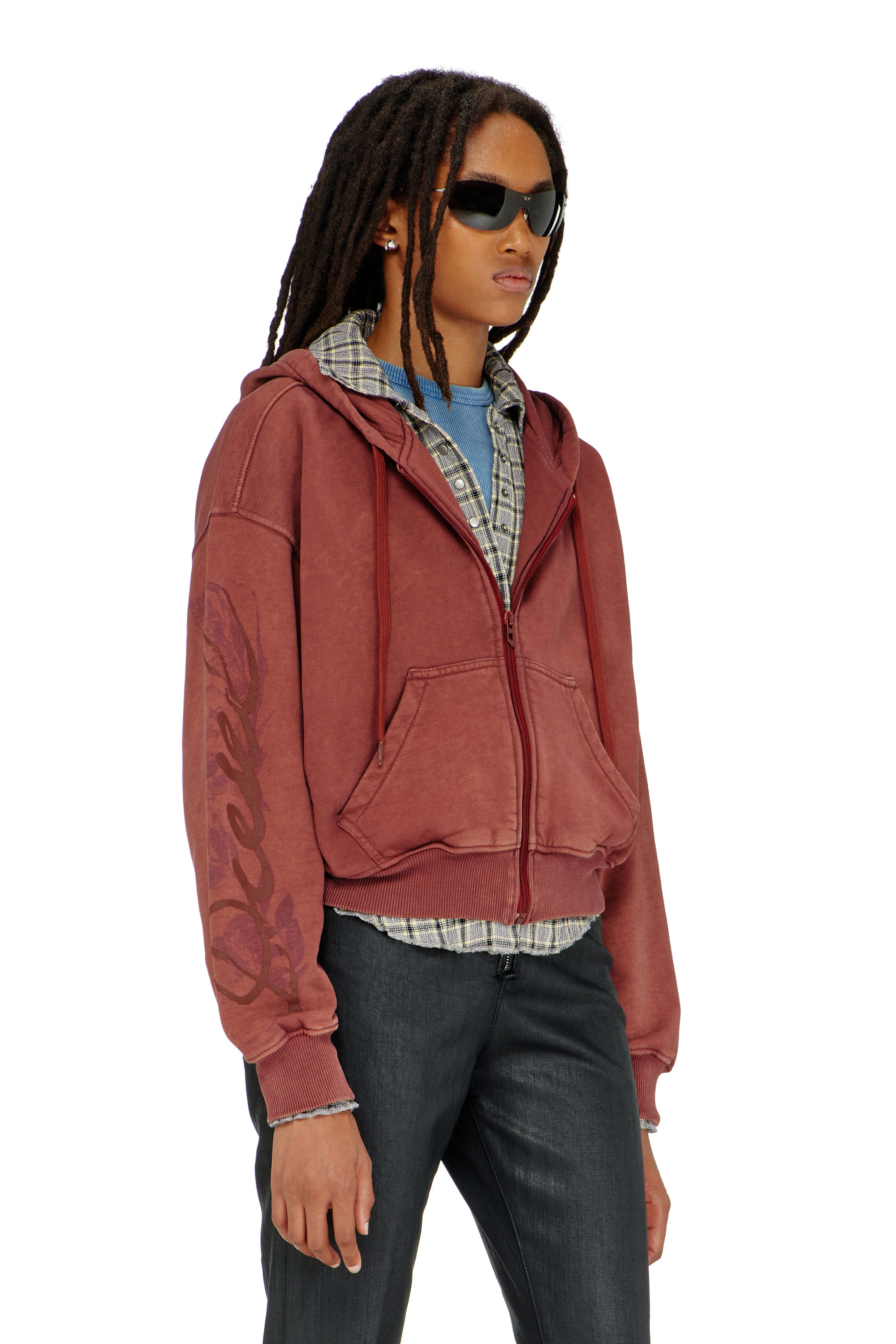Diesel - F-ELYCY, Woman's Zip-up hoodie with puff-print floral logo in Brick - 1