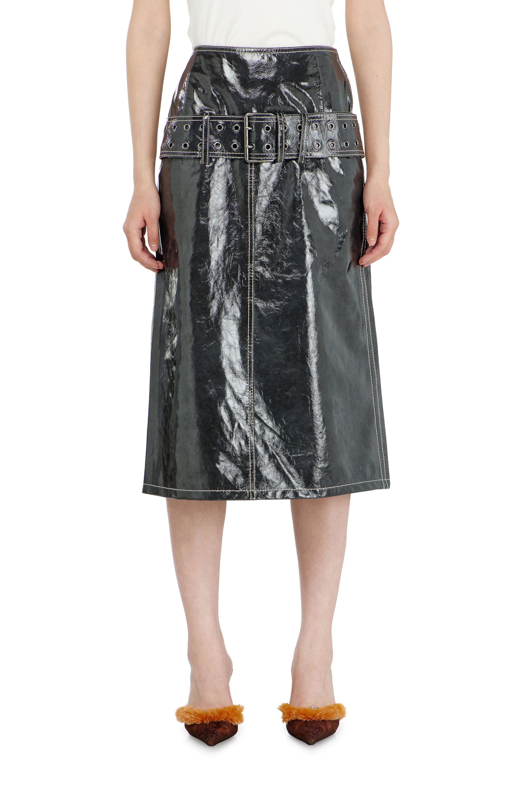Diesel - L-ASCAR, Woman's Patent-leather midi skirt with belt in null - 2
