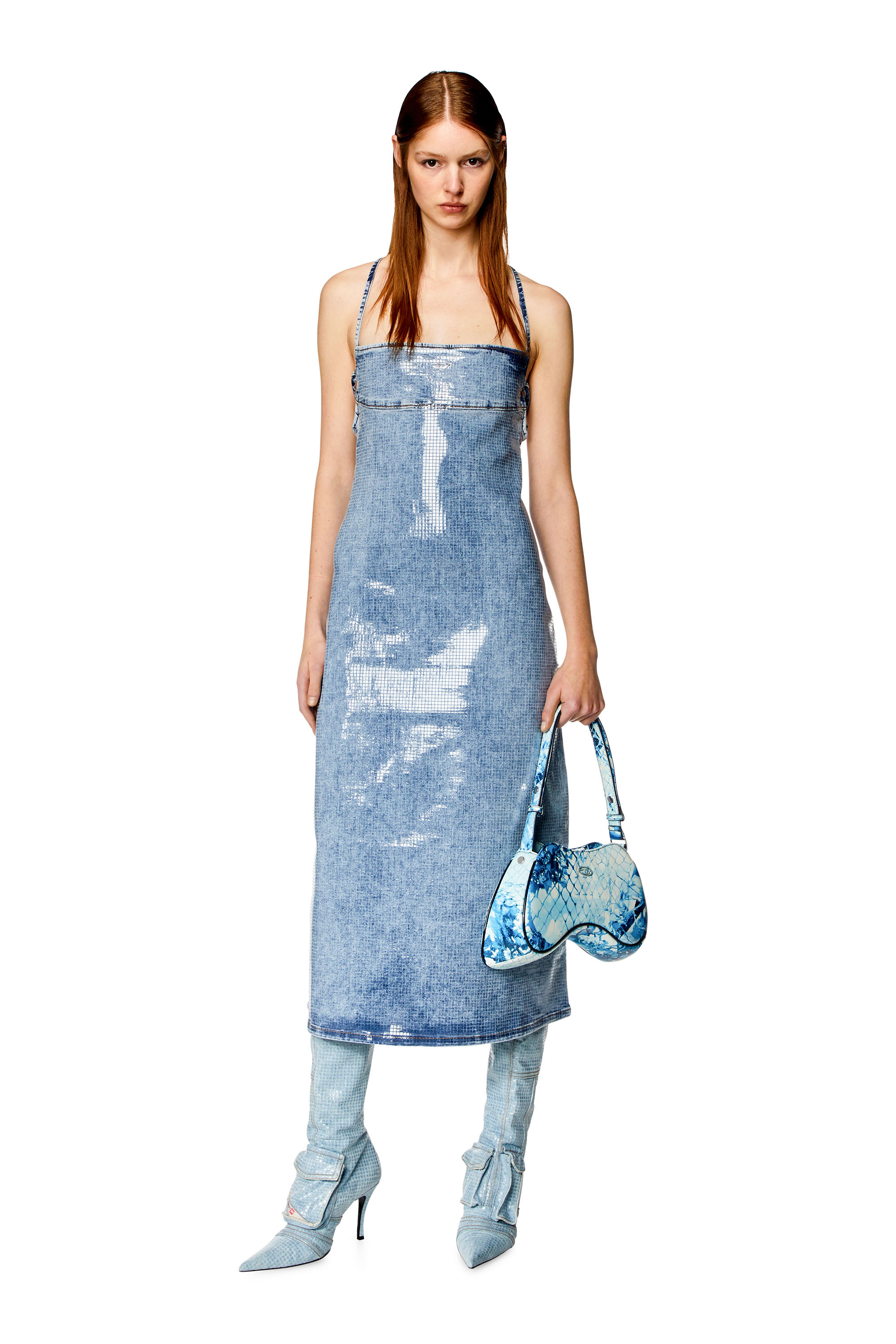 Diesel - DE-HELD-S, Woman Strappy midi dress in sequin denim in Blue - Image 1