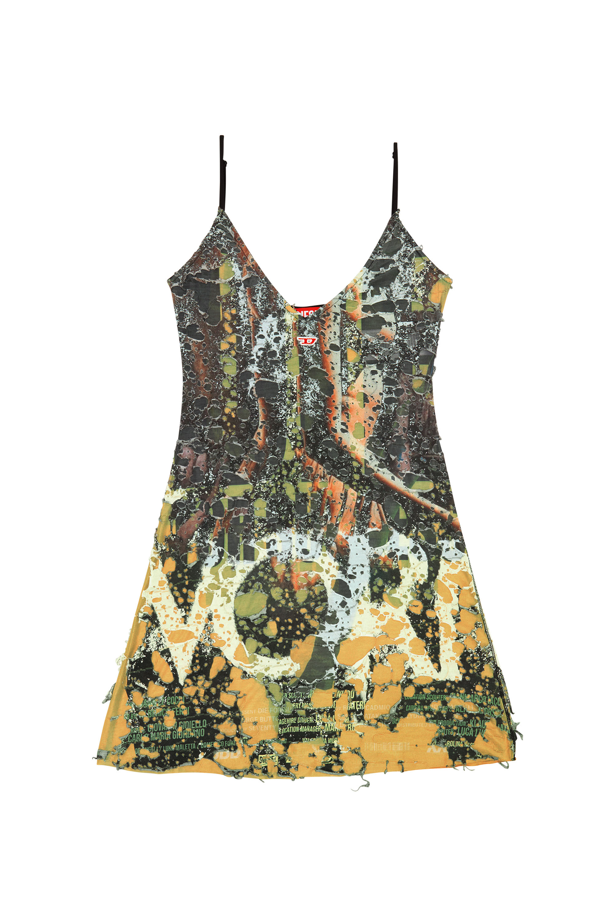 Diesel - D-JENA-DEV, Woman Short destroyed dress with poster print in Multicolor - Image 1