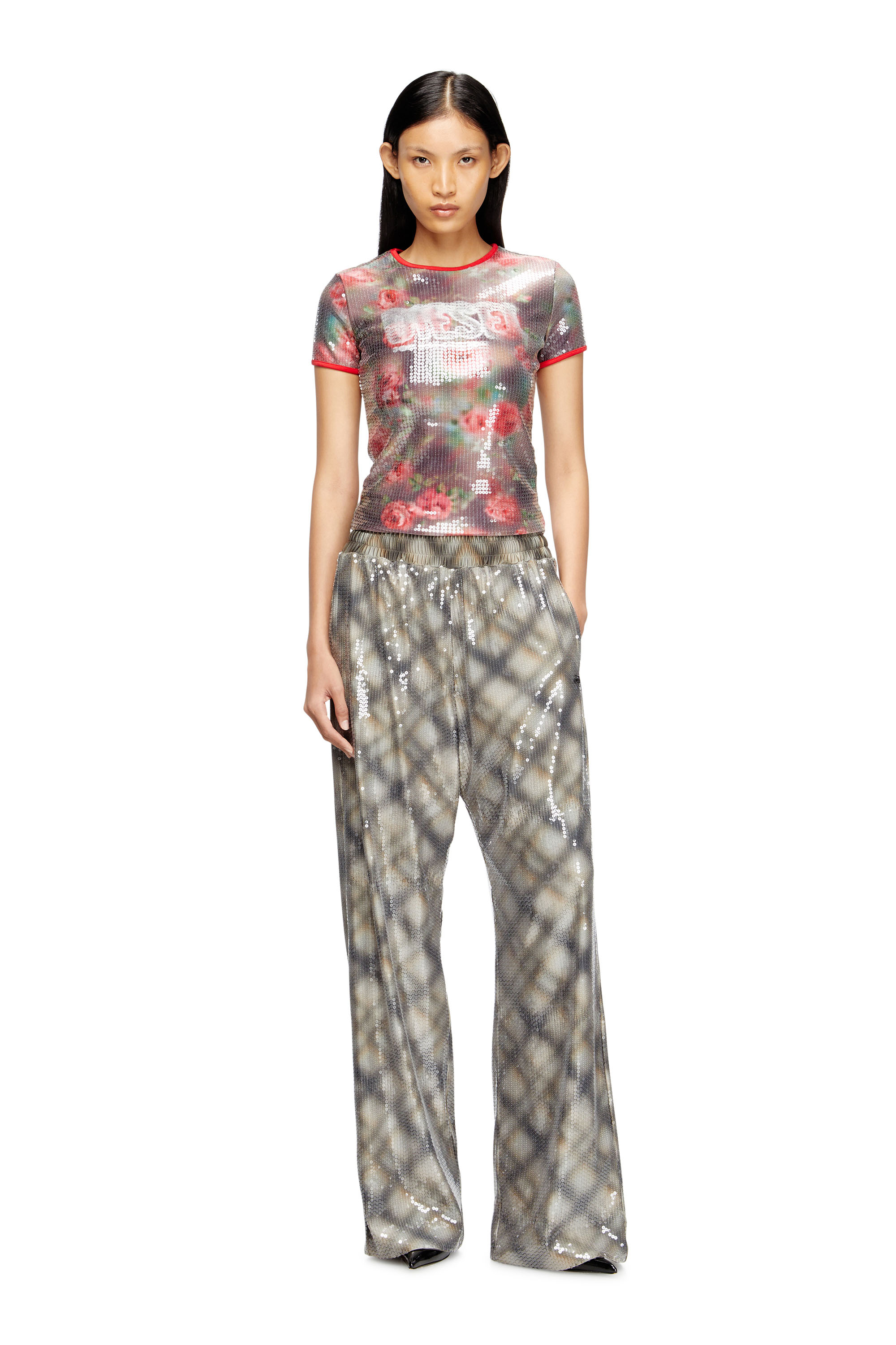 Diesel - T-UNKYEL, Woman's Skinny floral print jersey top with sequins in Brown/Green - 1