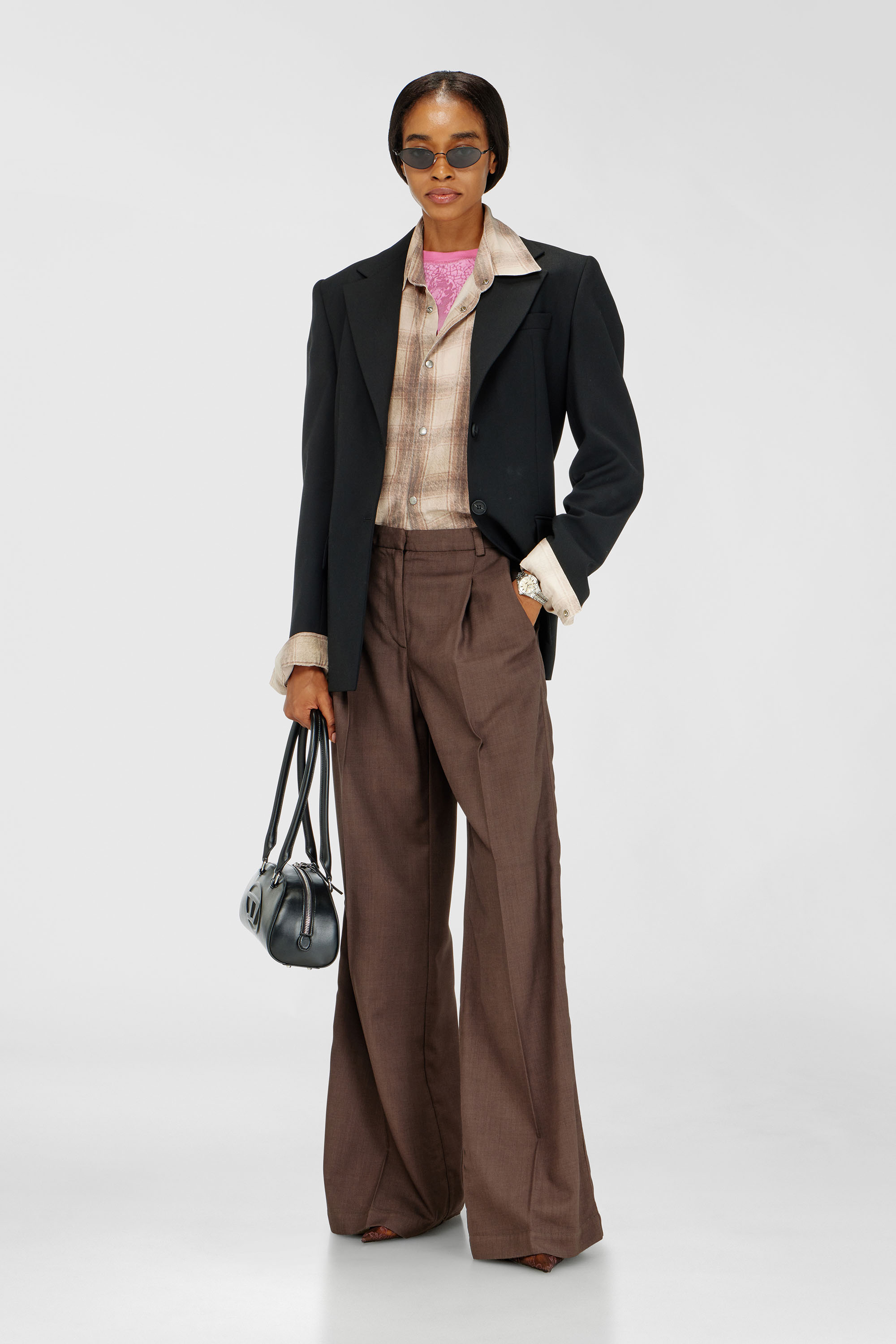 Diesel - P-ARIDE, Woman's Pleated wide-leg pants in stretch wool in Brown - 1