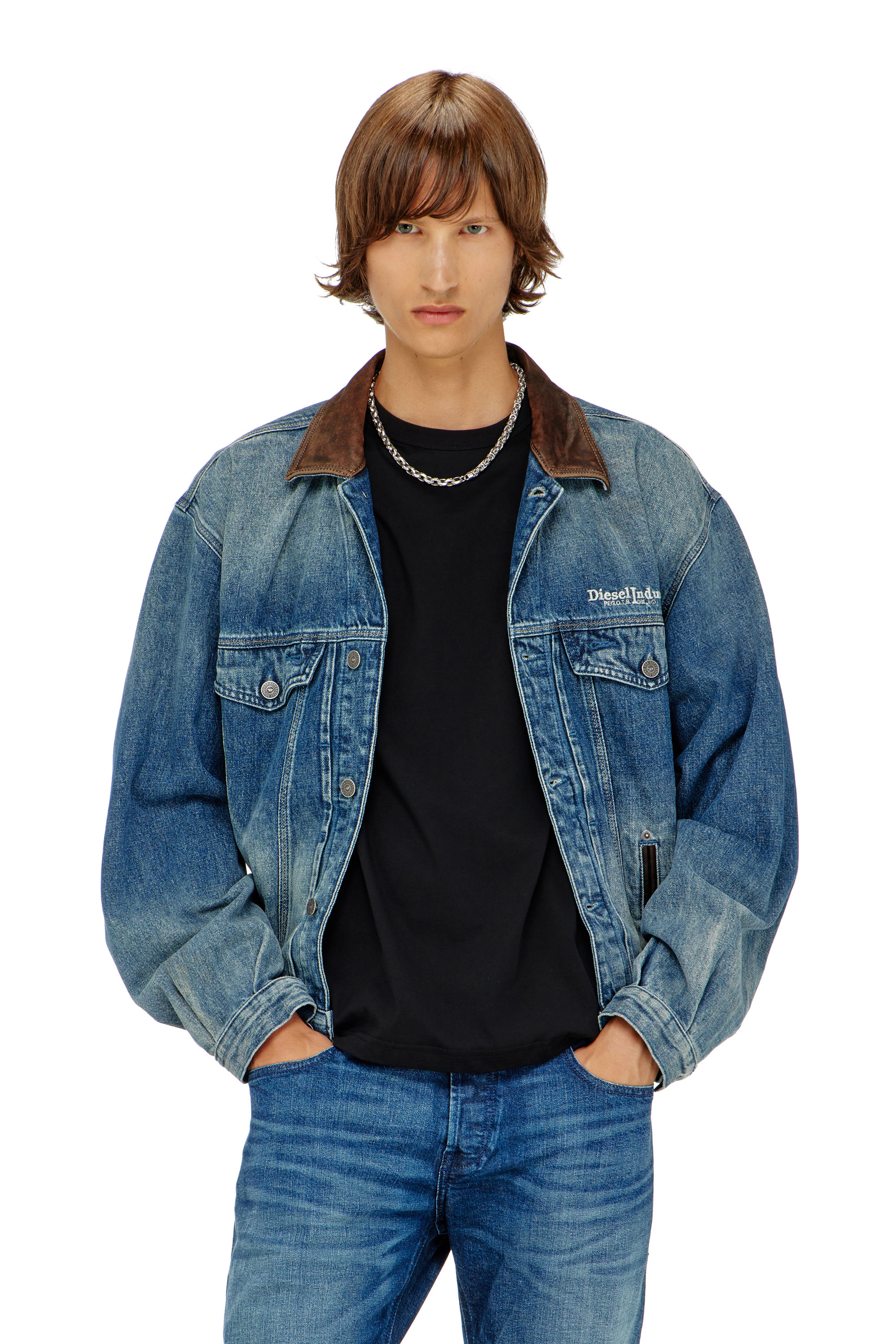 Diesel - D-DENVER-S1, Unisex's Denim trucker jacket with contrast leather trims in Blue - 3