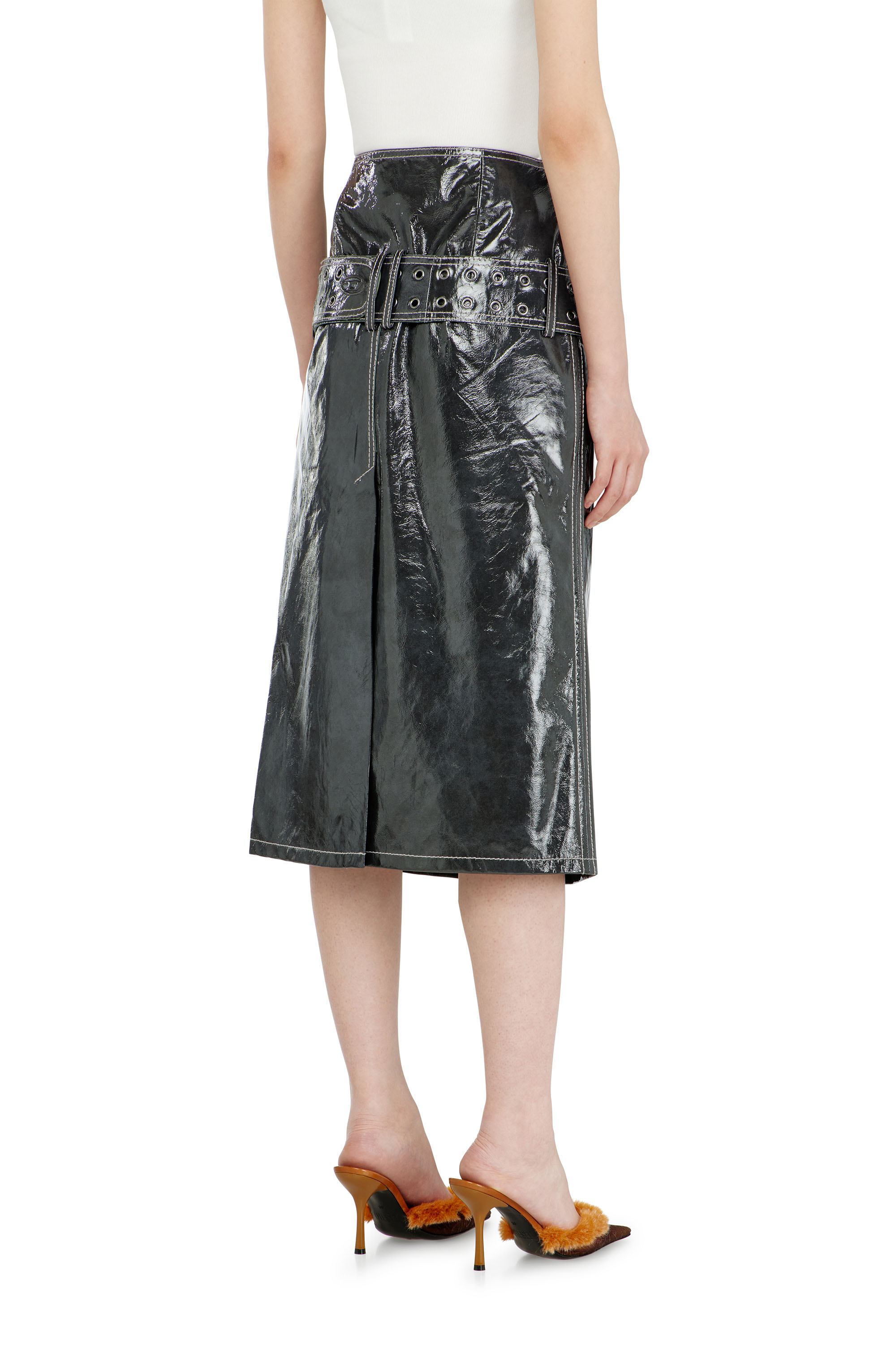 Diesel - L-ASCAR, Woman's Patent-leather midi skirt with belt in null - 3