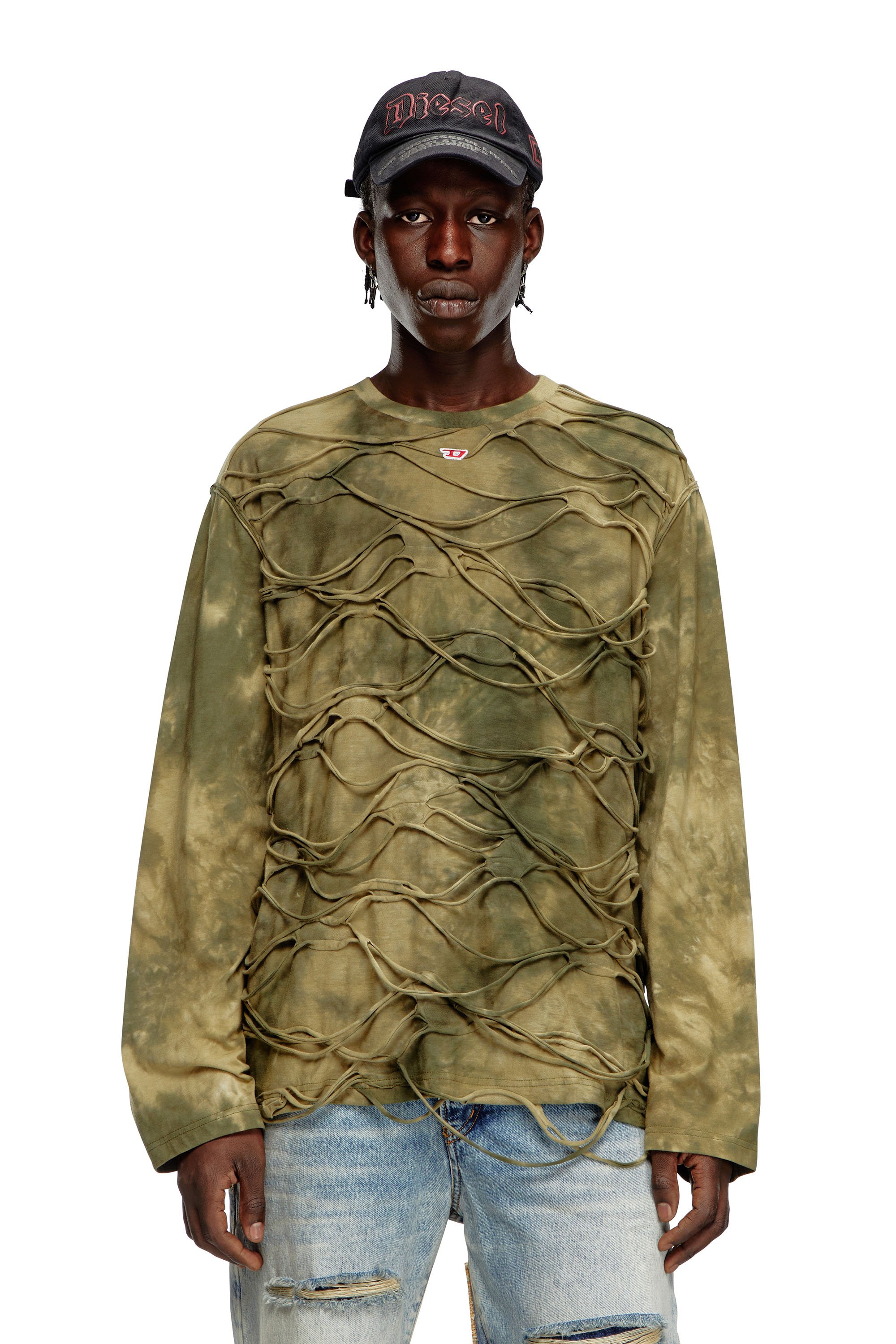 Diesel - T-CRANET-LS, Man Long-sleeve T-shirt with floating strands in Green - Image 1