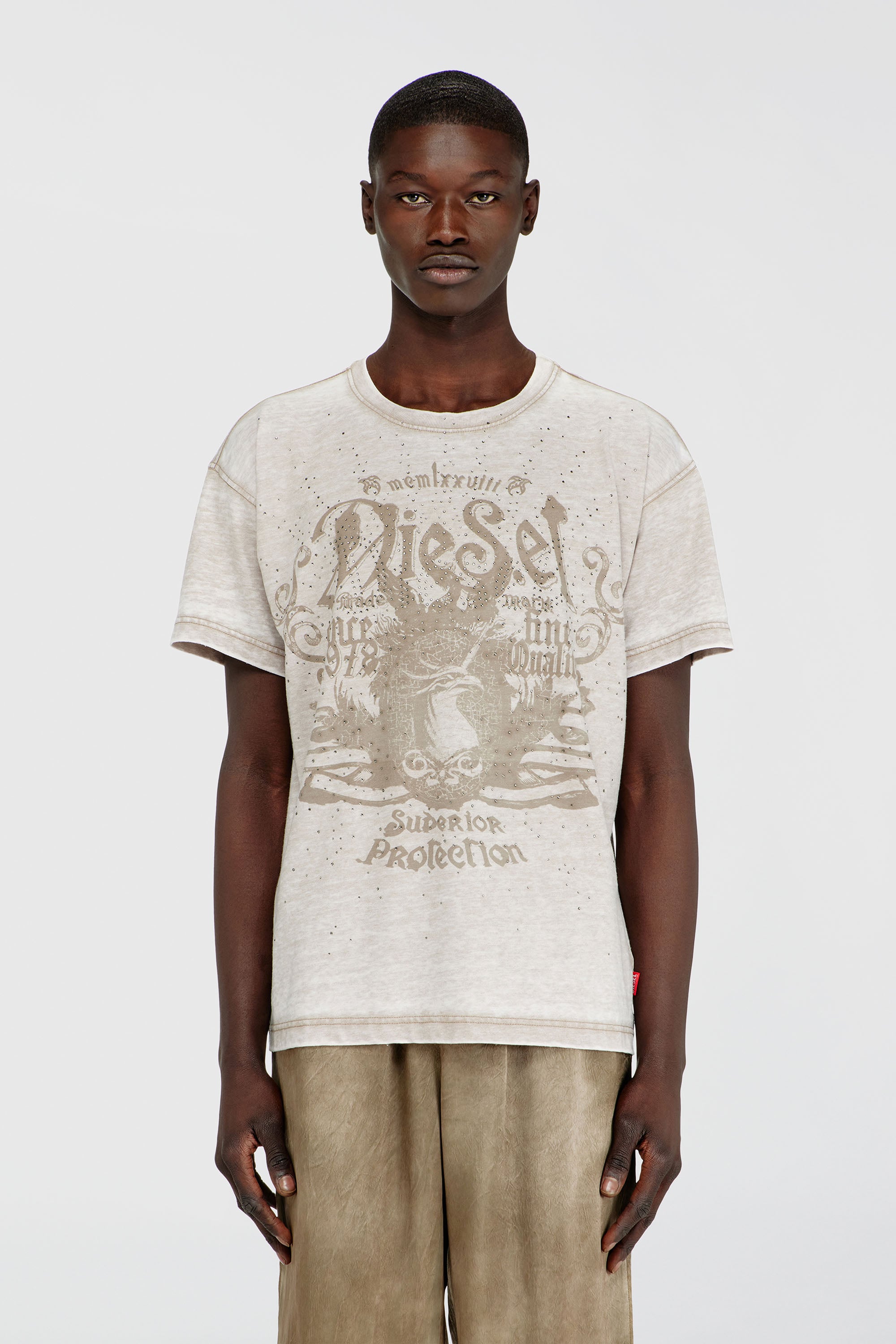 Diesel - T-NORM-AA8, Man's Jersey T-shirt with burnout wash and studs in Beige - 3