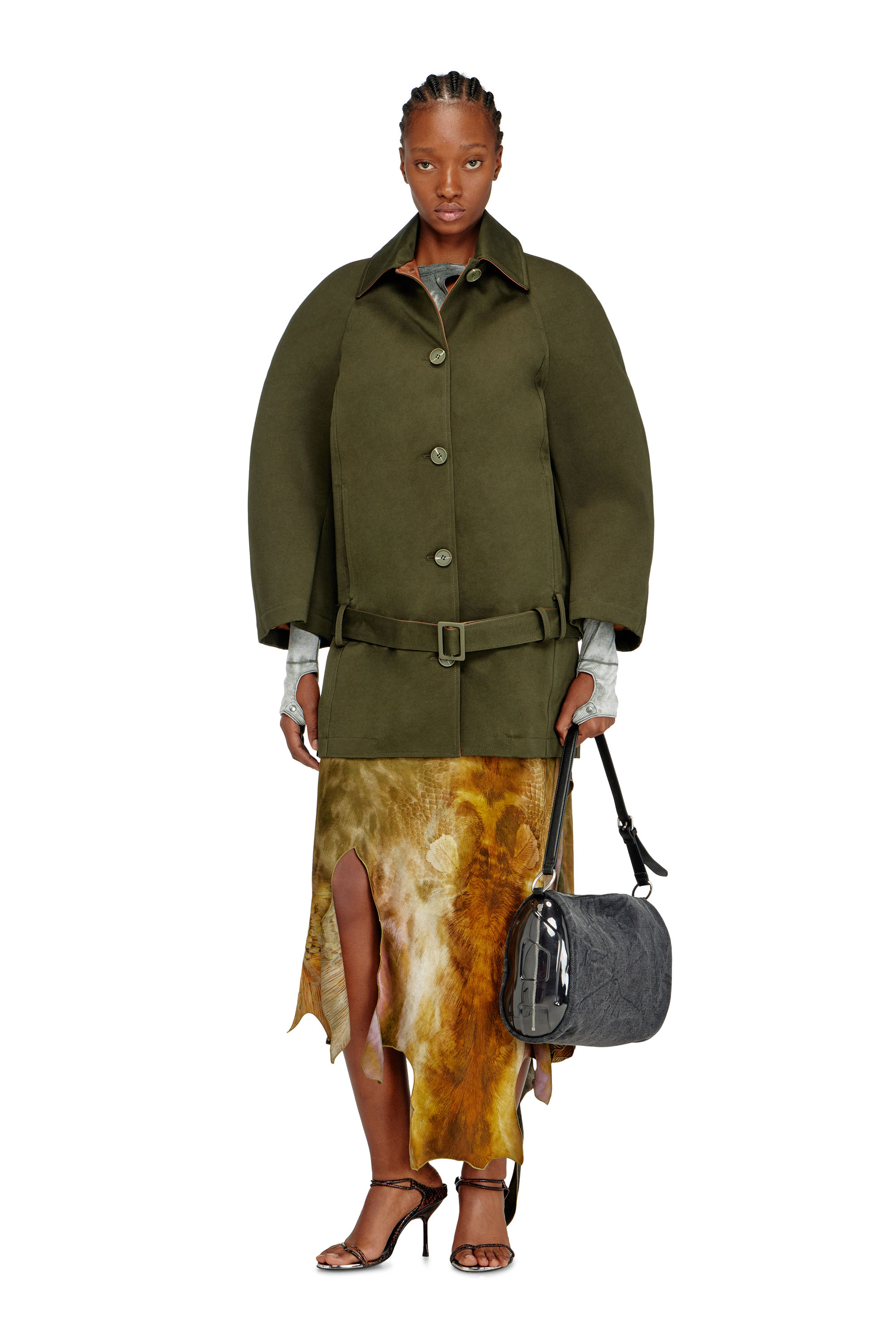 Diesel - O-TORN, Woman's Long asymmetrical skirt in printed satin in Brown/Green - 2