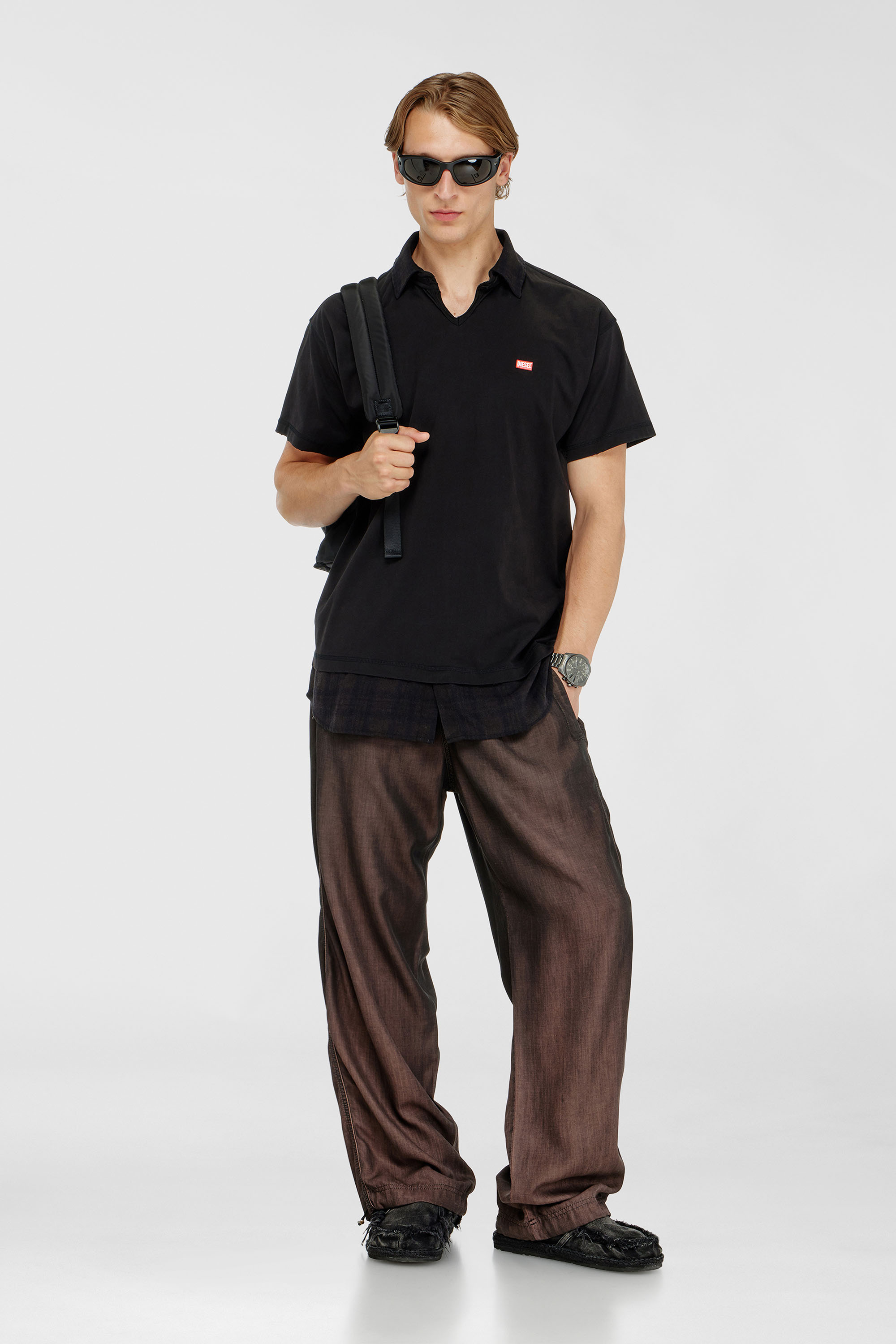 Diesel - T-ANSEL, Man's Jersey polo shirt with check flannel trims in Black - 2