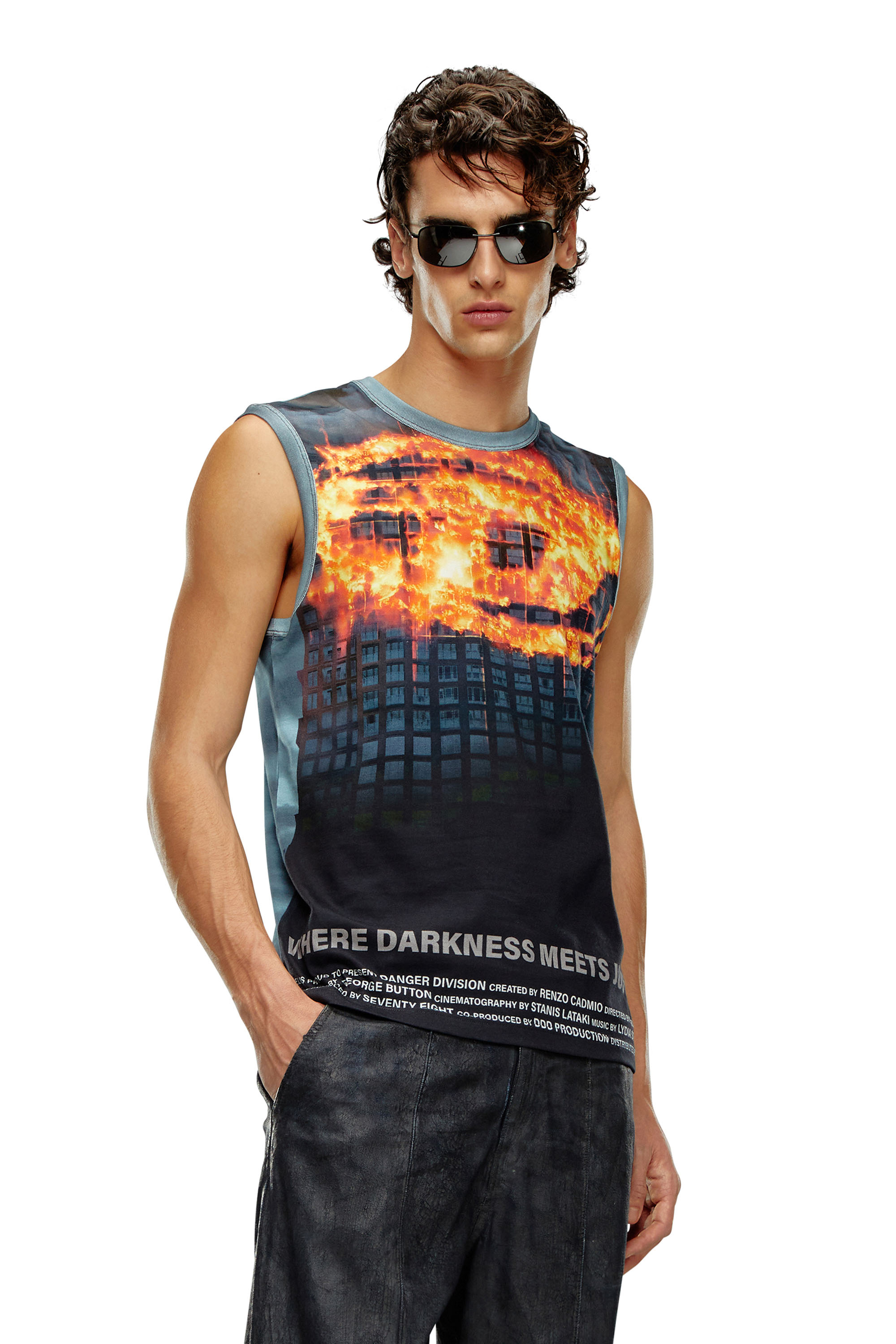 Diesel - T-BISCOUP, Man Tank top with burning Oval D poster in Blue - Image 1