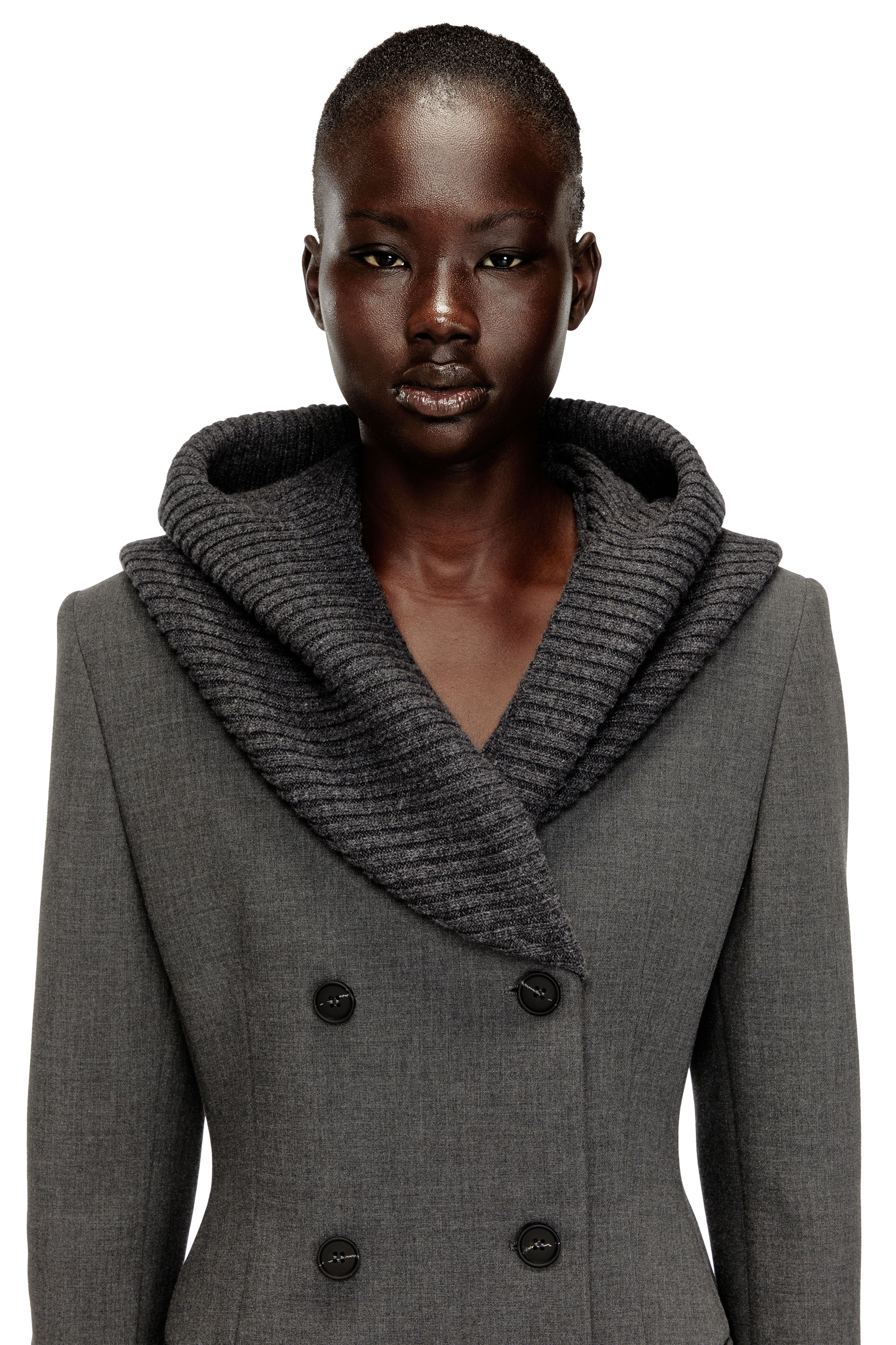 Diesel - G-OLDEN-LONG, Woman's Long hourglass coat with knitted cowl hood in Grey - 5