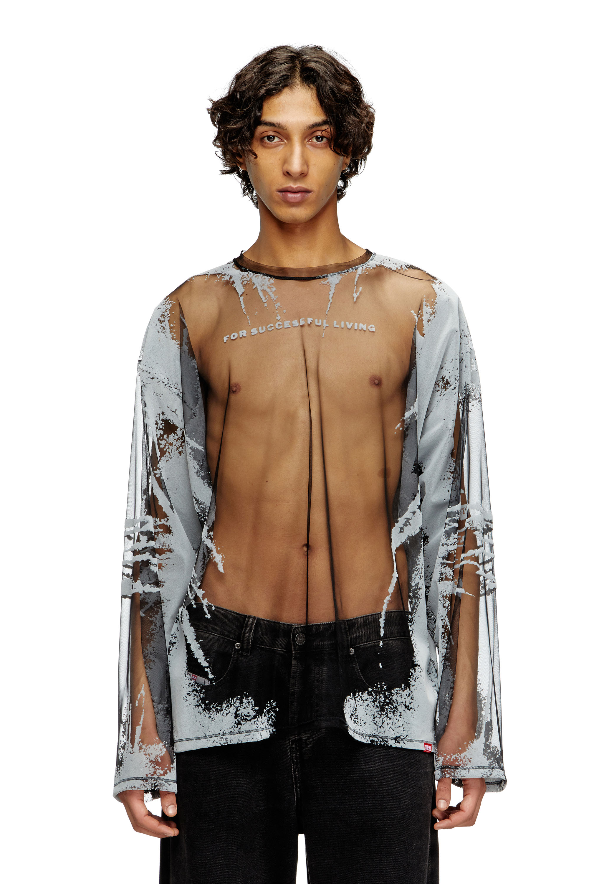 Diesel - T-HASSAN-LS-A, Unisex's Long-sleeve nylon T-shirt with lyrics print in Black - 3