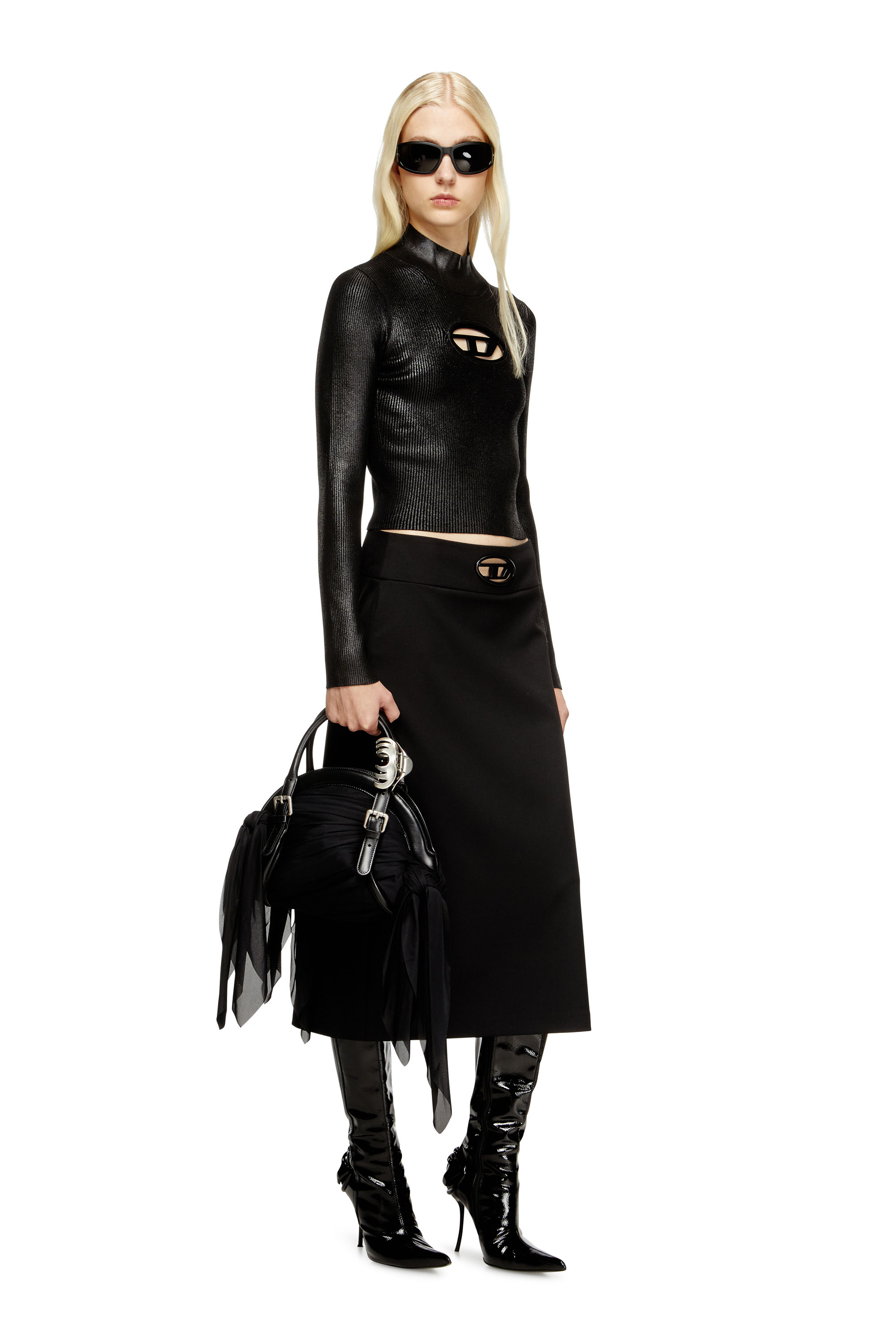 Diesel - M-VALARI-TN, Woman's Ribbed-knit turtleneck with shiny effect in Black/Silver - 1