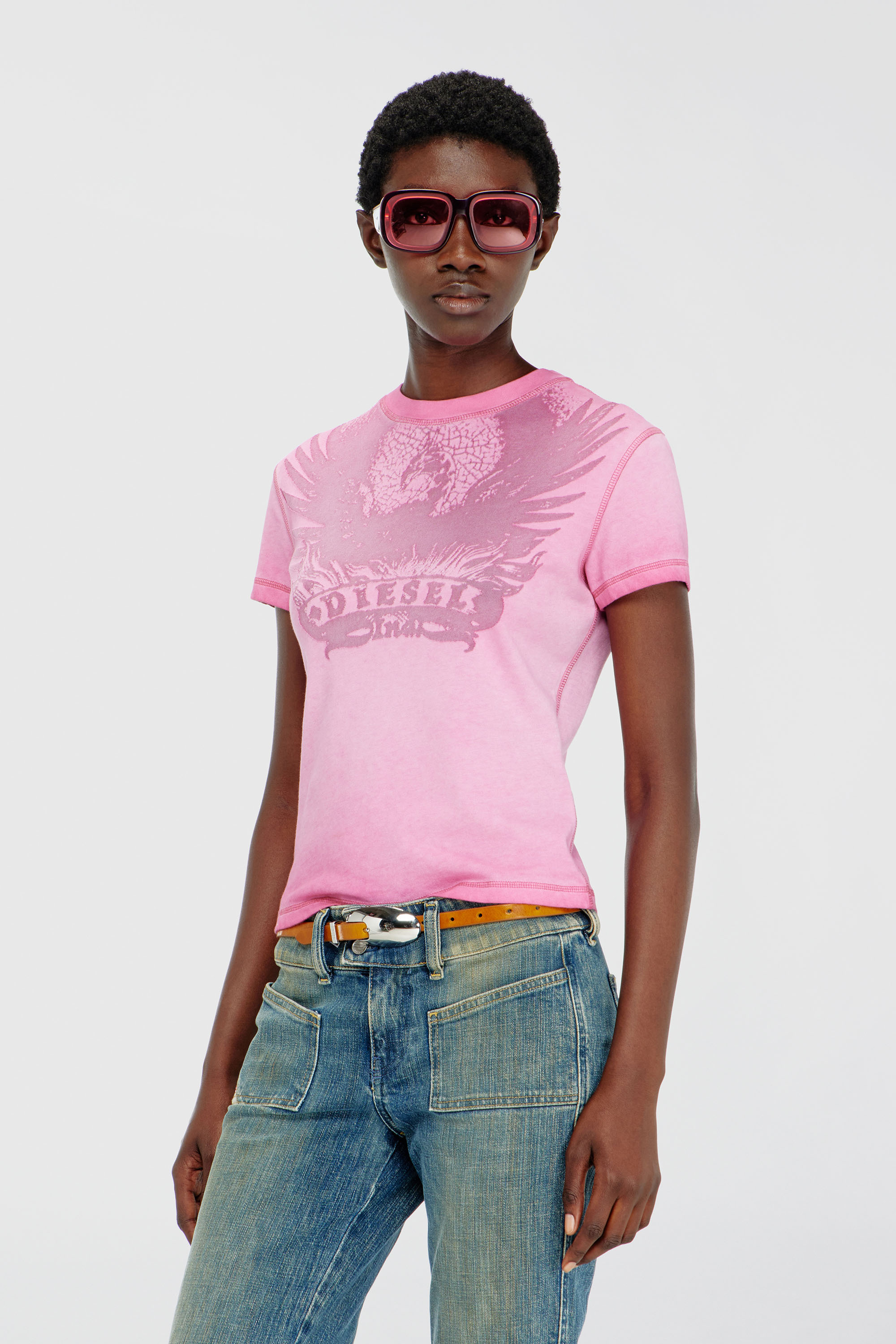 Diesel - T-ILA-AA7, Woman's Slim T-shirt with d&eacute;vor&eacute; Phoenix in Hot pink - 2