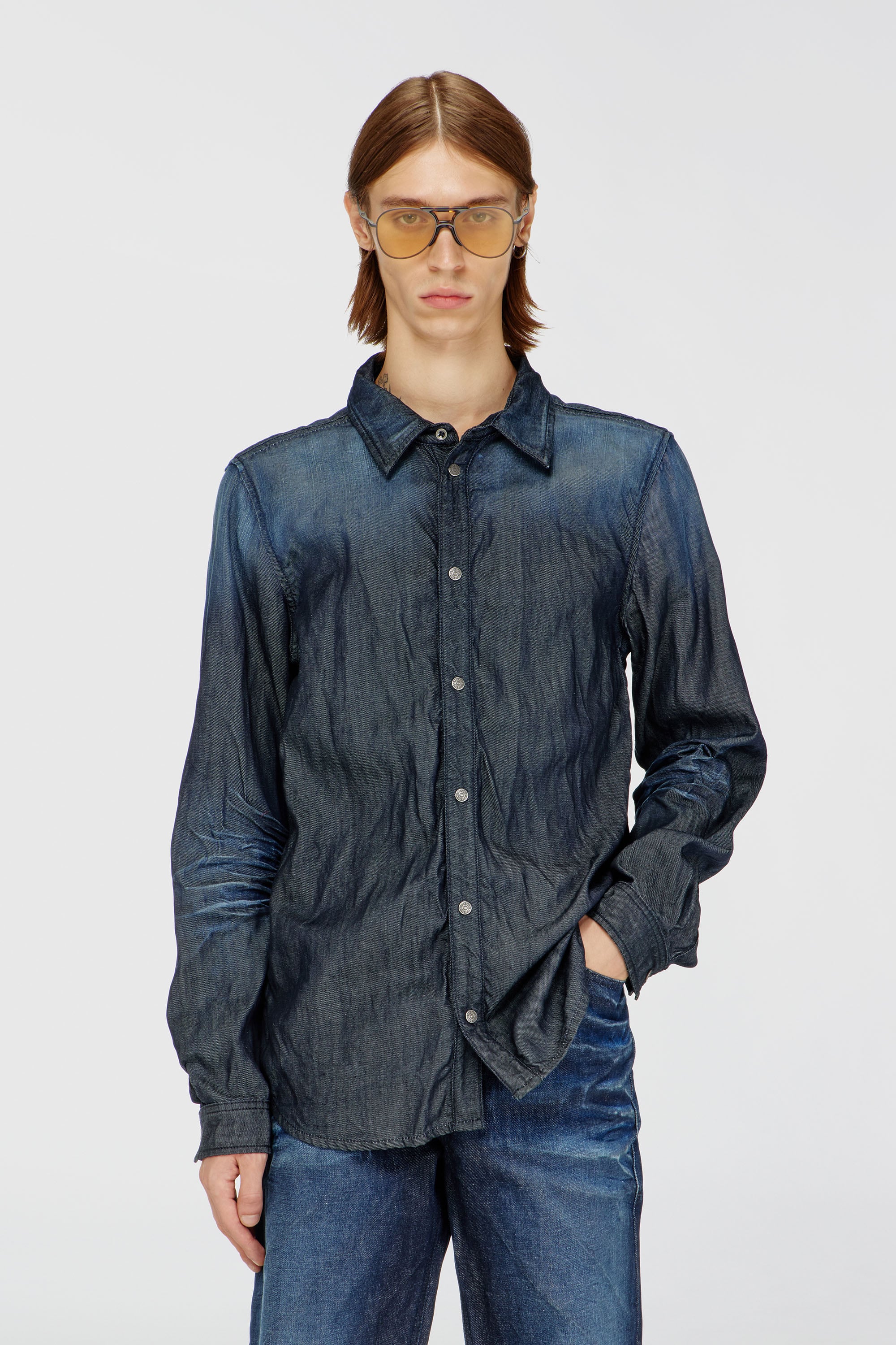 Diesel - D-SYNAR-FSJ1, Man's Shirt in creased denim in Dark Blue - 1
