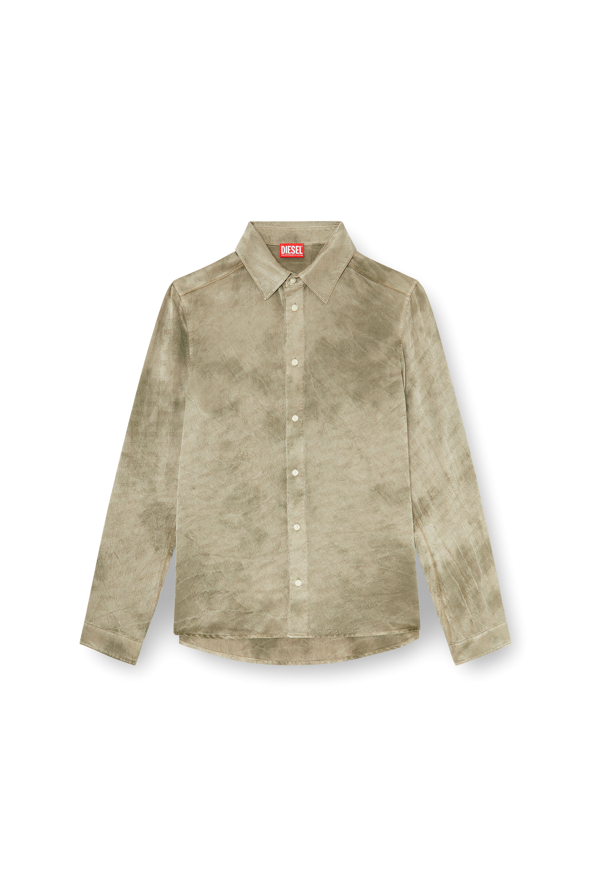 Diesel - S-KISSY-HNBW, Man's Shirt in logo-jacquard crinkled satin in Light Brown - 2