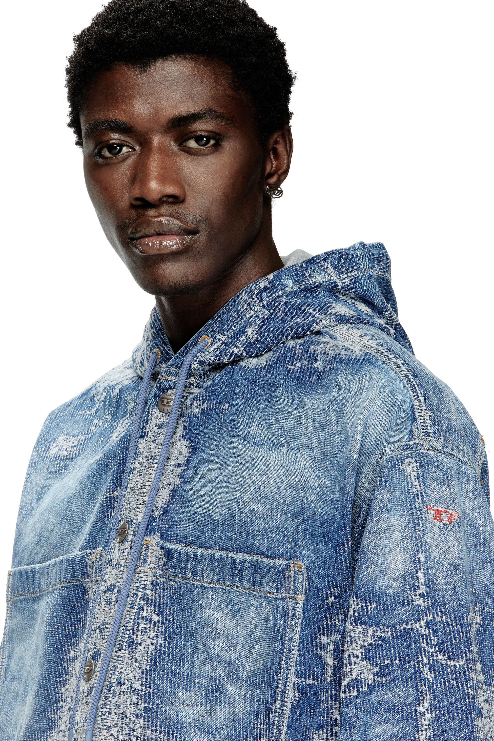 Diesel - D-DEWNYS-HOOD-S, Man's Overshirt in distressed jacquard denim in Medium blue - 5