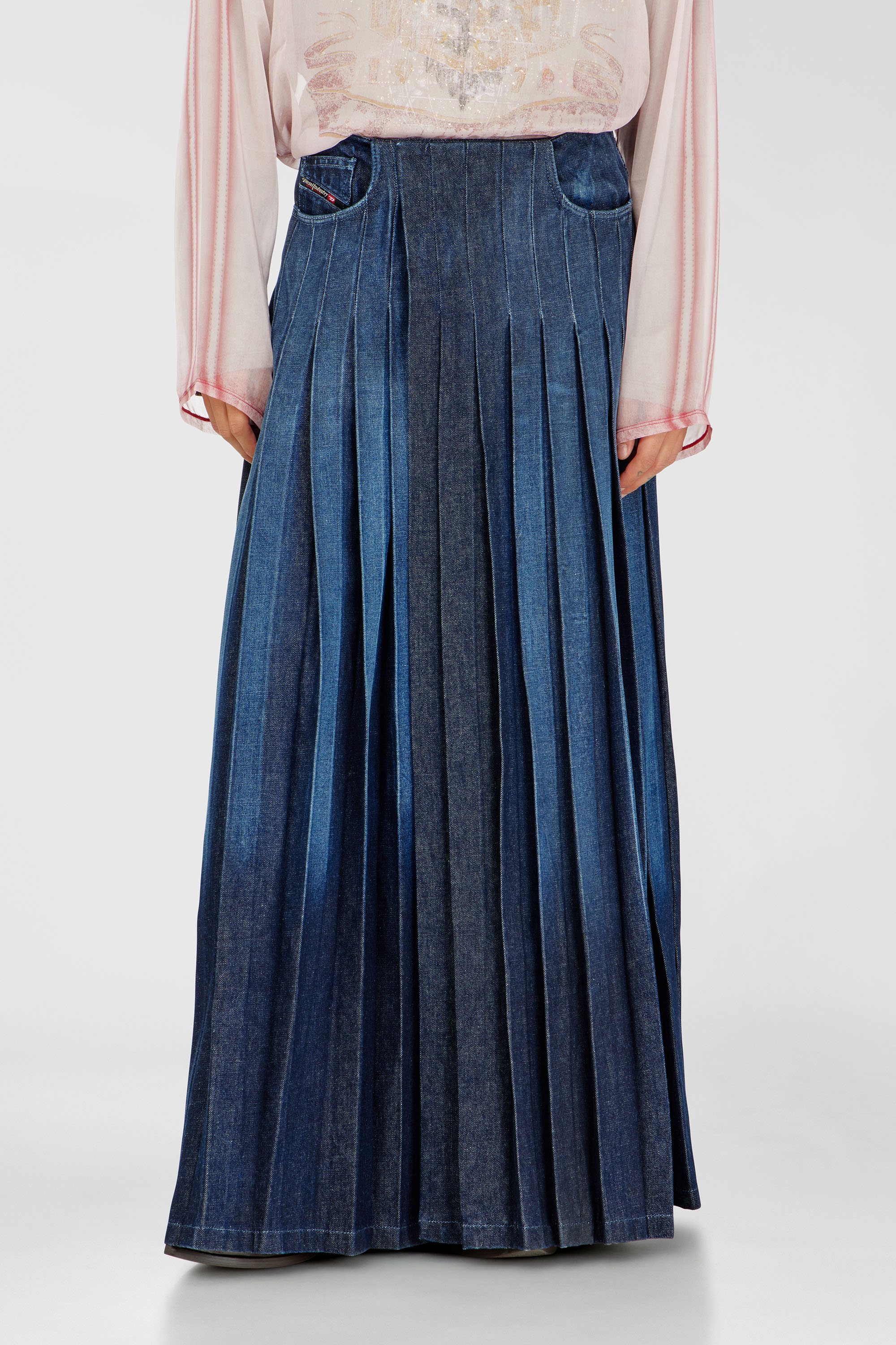 Diesel - D-QUILTY-FSJ1, Unisex's Long wrap skirt in pleated denim in Dark Blue - 3
