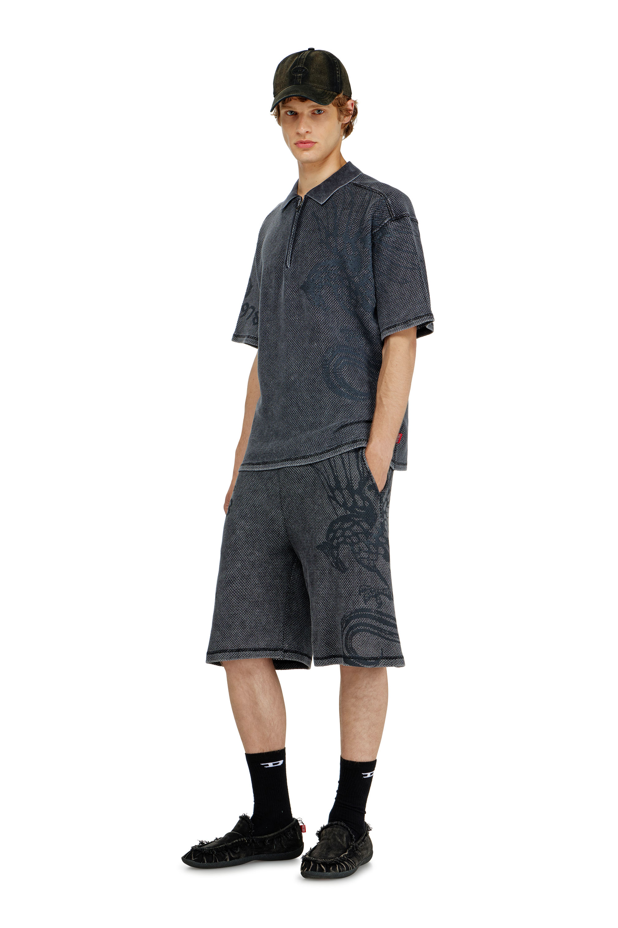 Diesel - T-ERRY-ZIP, Man's Mesh-jacquard polo shirt with Phoenix print in Dark grey - 2