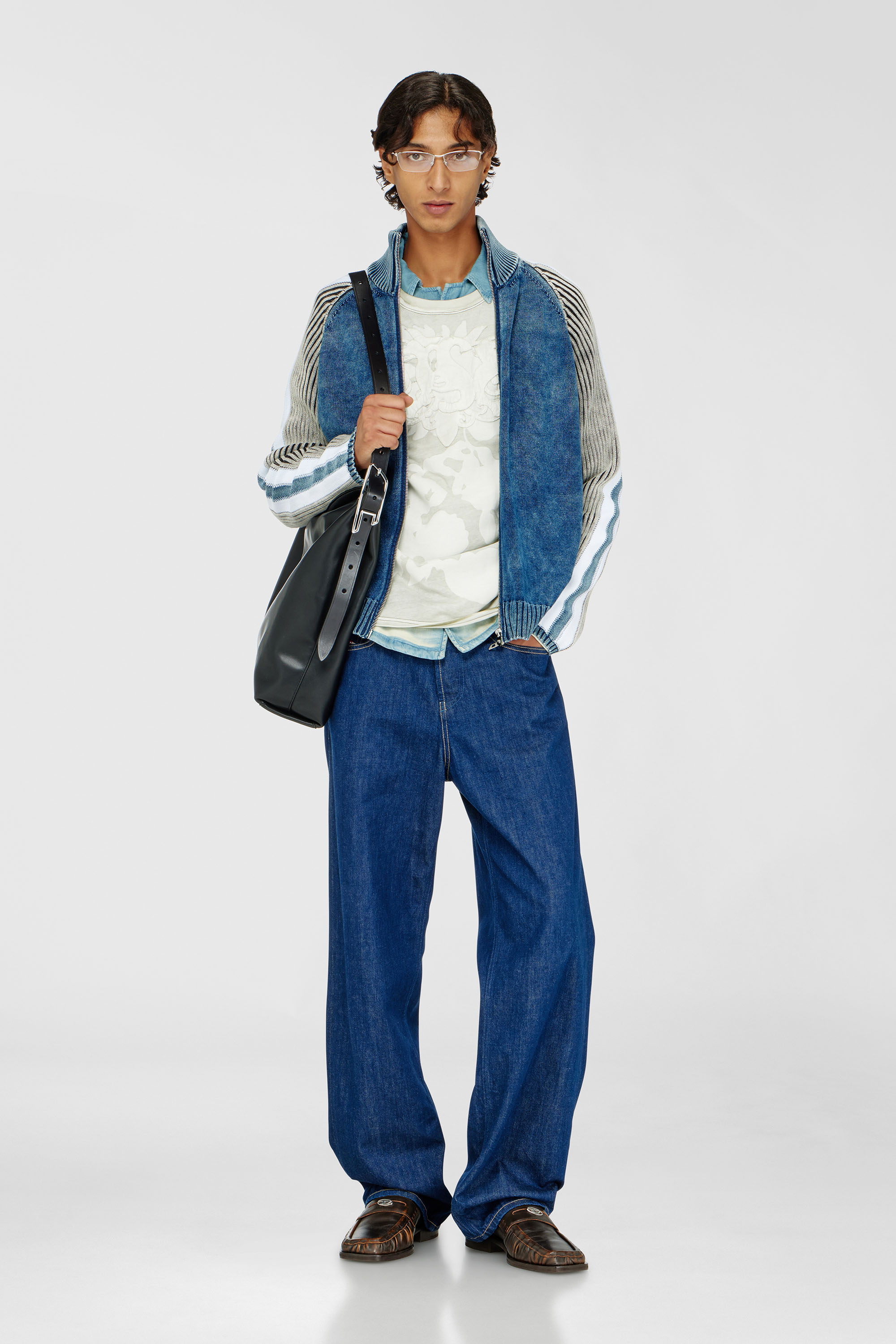 Diesel - K-HERONIMO, Man's Zip-up cardigan with sporty bands in Blue/Grey - 2