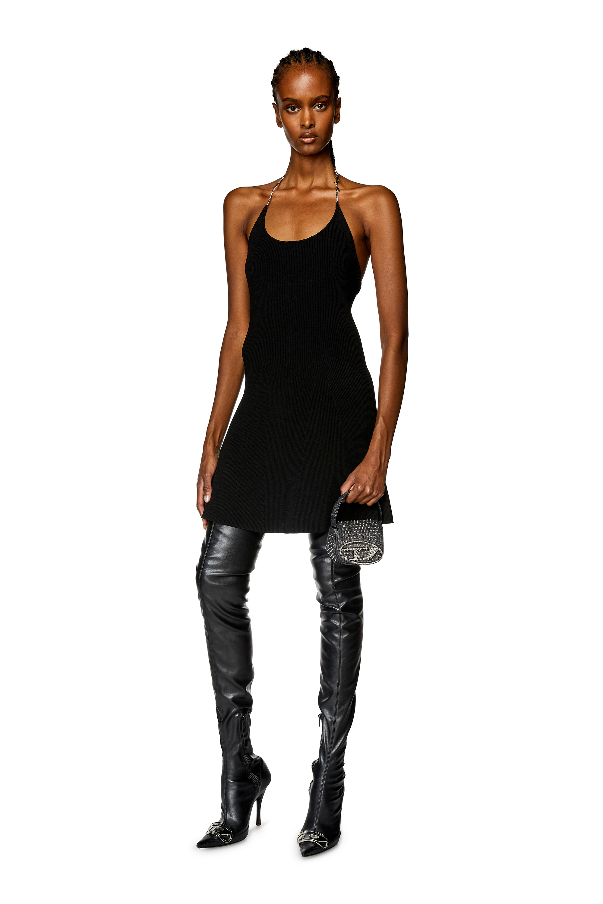 Diesel - M-ARLETTE, Woman Chain-halterneck dress in stretch knit in Black - Image 1
