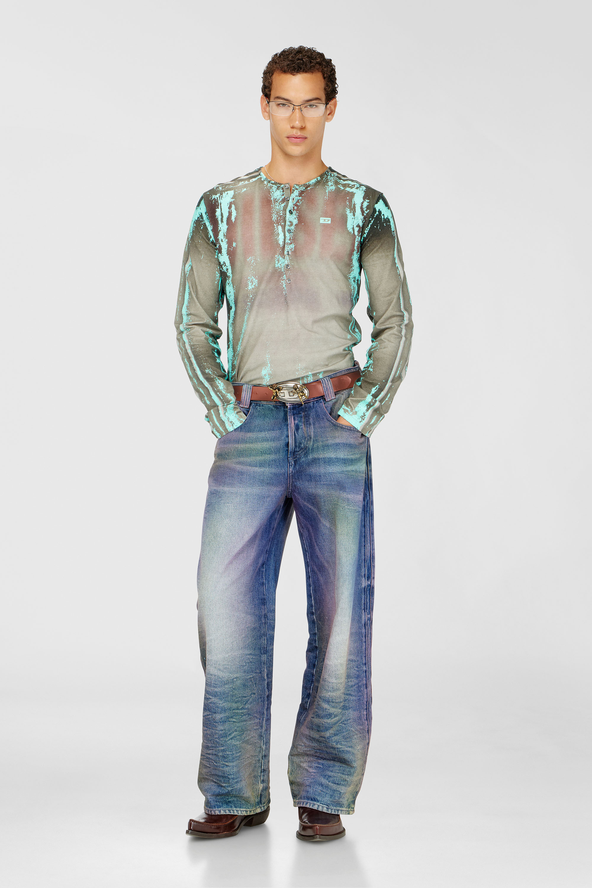 Diesel - T-FYNO-ML, Man's Grandad T-shirt in cracked leather-effect jersey in Grey/Blue - 2