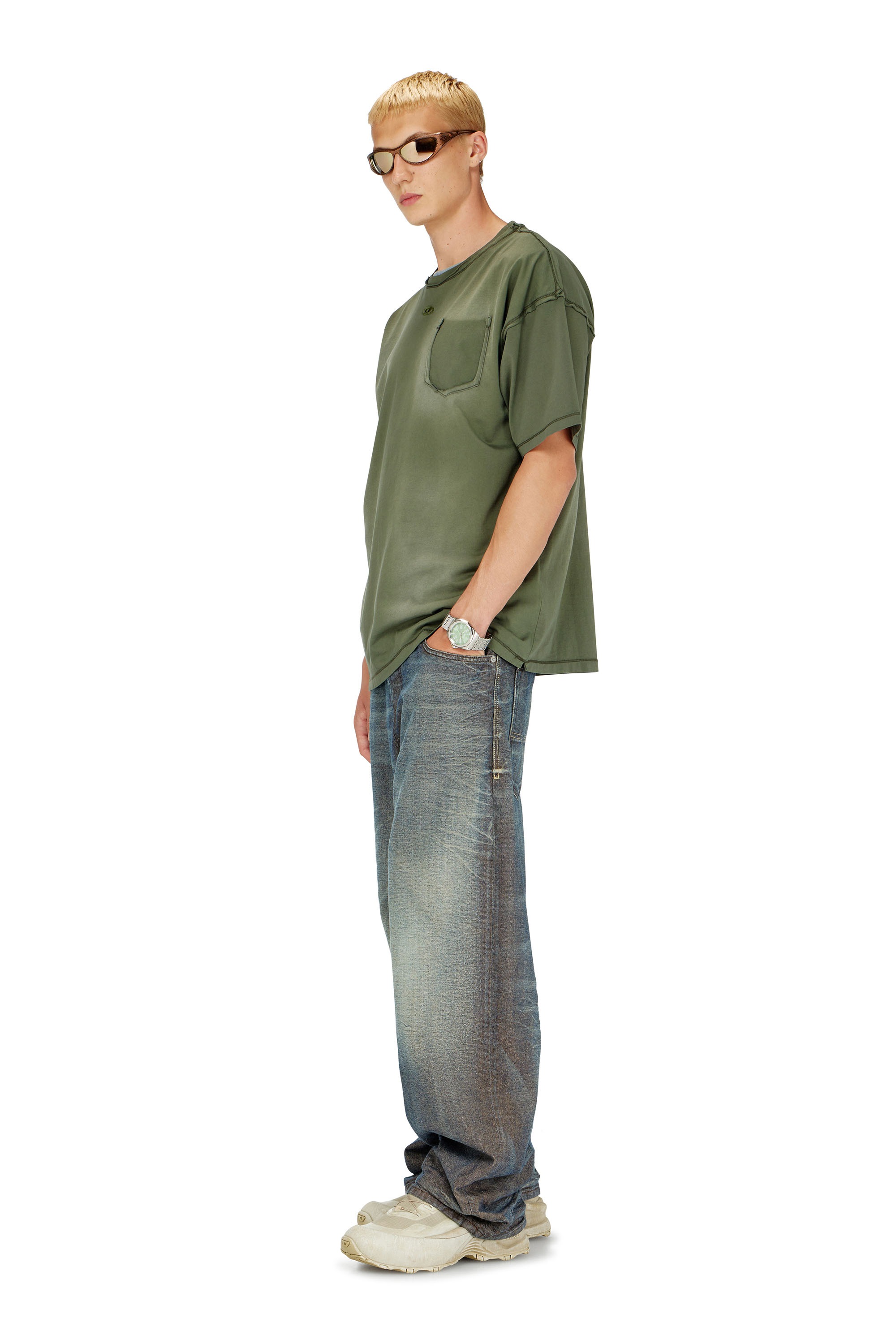 Diesel - T-POCK, Man's Faded T-shirt with ripped pocket detail in Green - 1