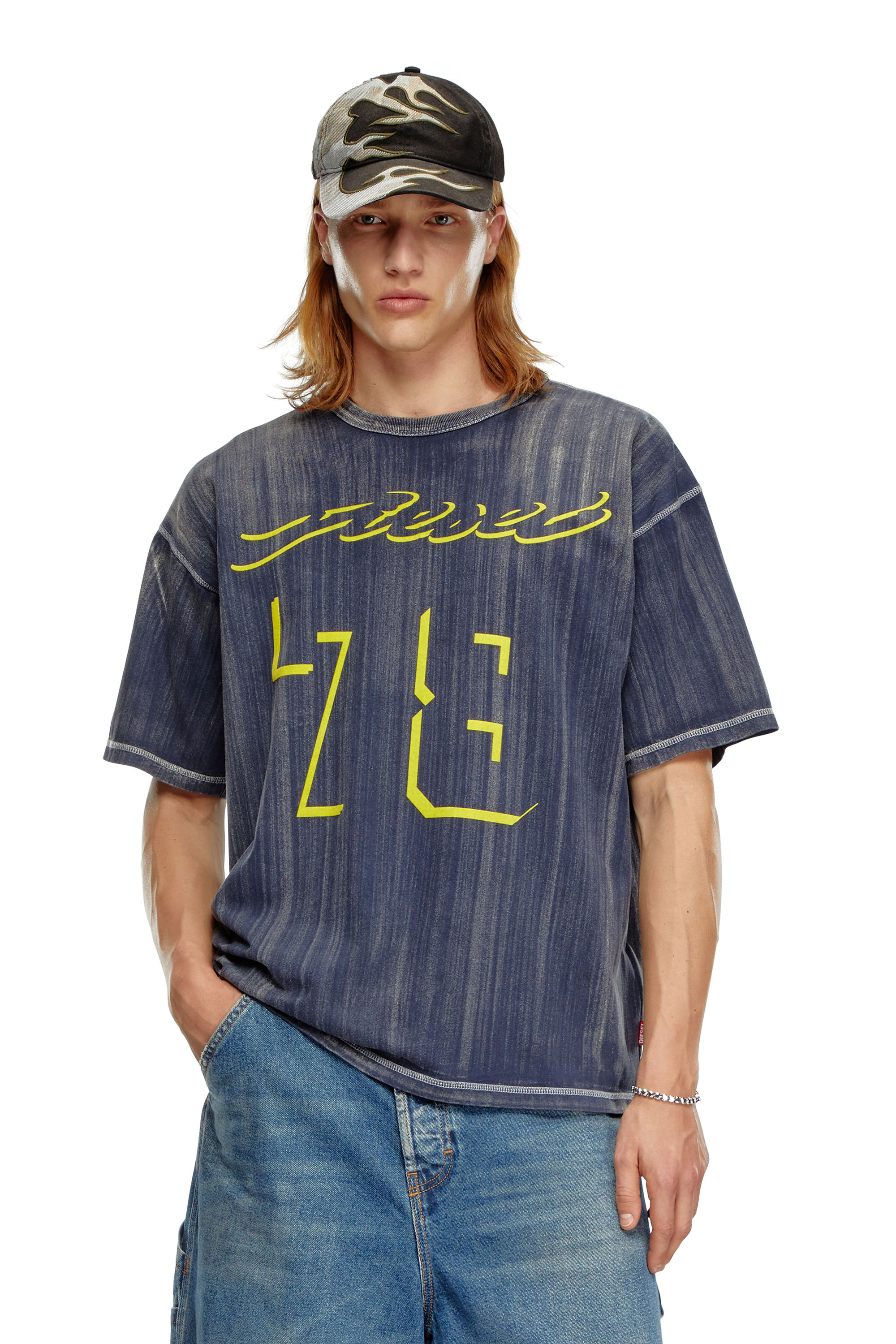 Diesel - T-BOXT-Q2, Man Treated T-shirt with flocked logo in Blue - Image 1