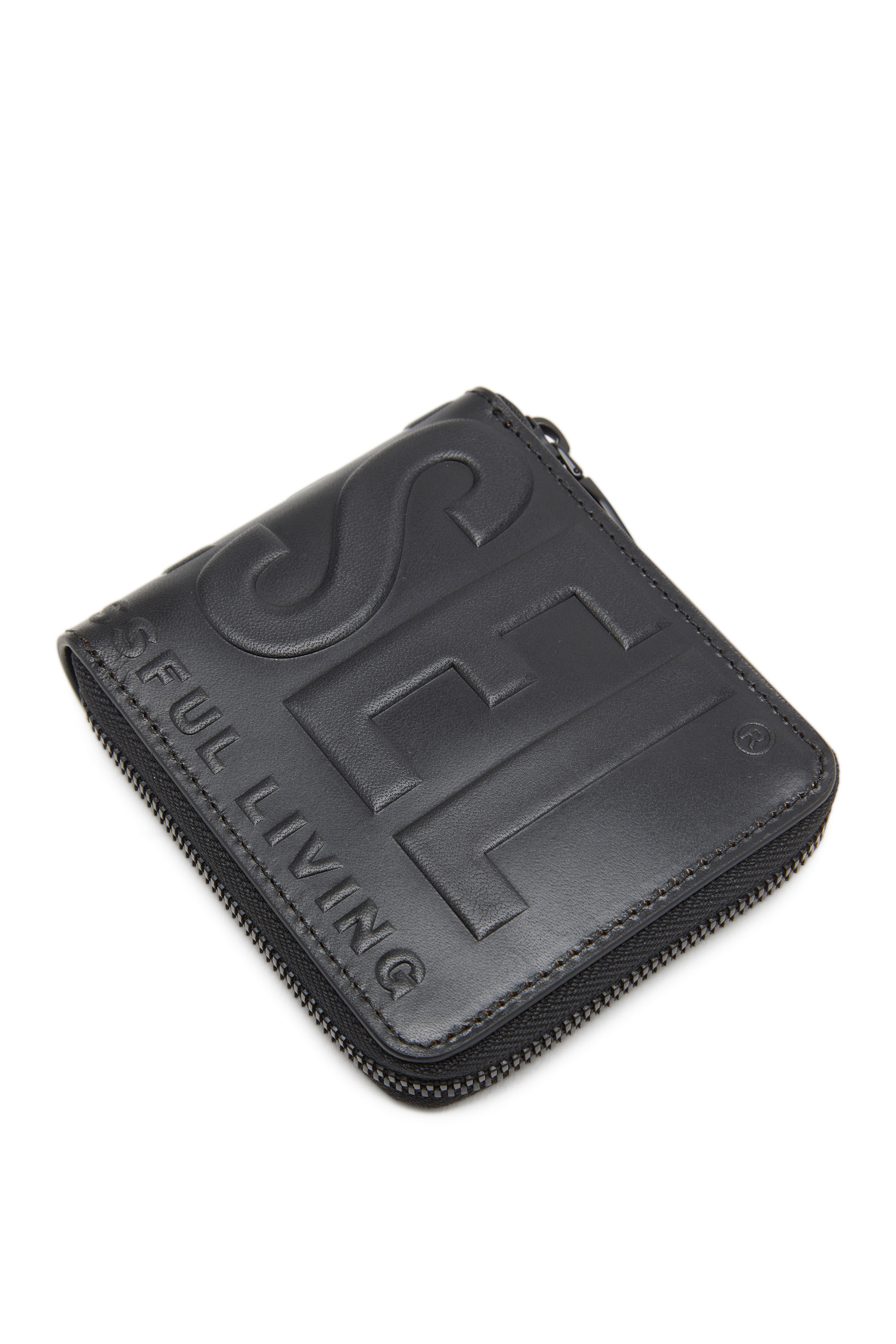 Diesel - DSL 3D BI-FOLD COIN ZIP XS, Man Leather zip wallet with embossed logo in Black - Image 4