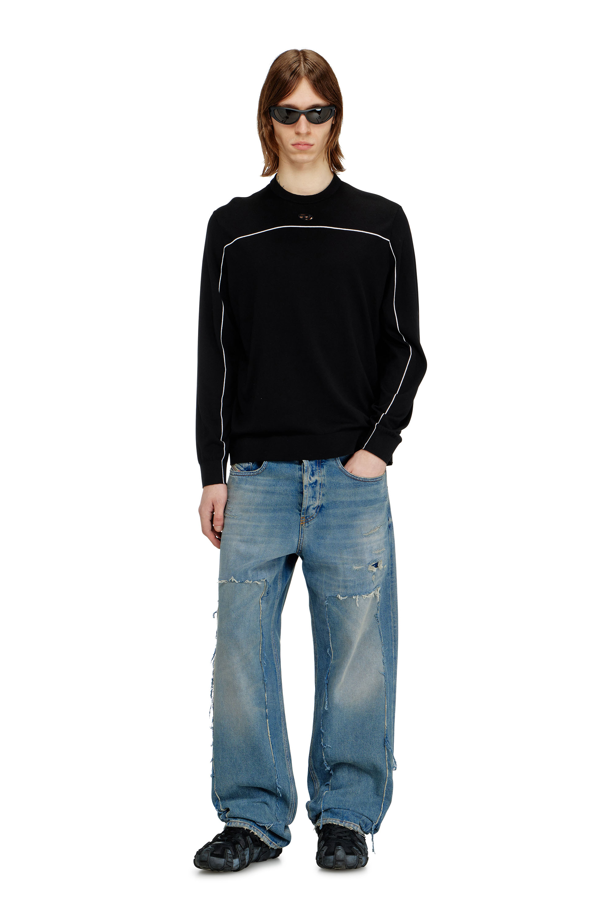 Diesel - K-VERENE, Man's Jumper in silk blend with piping in Black - 2
