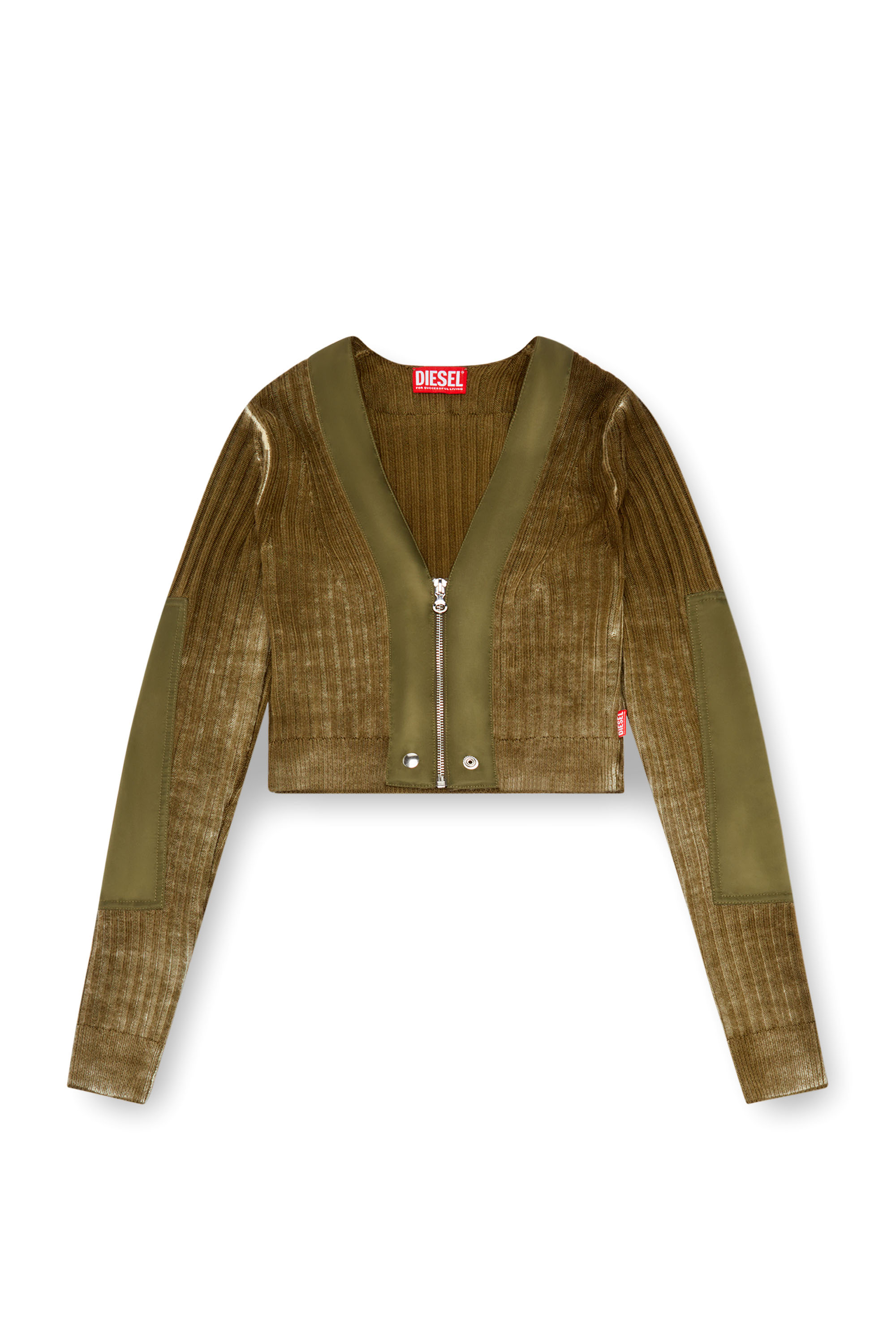 Diesel - M-ASERA, Woman Cropped wool cardigan with nylon trims in Green - Image 3
