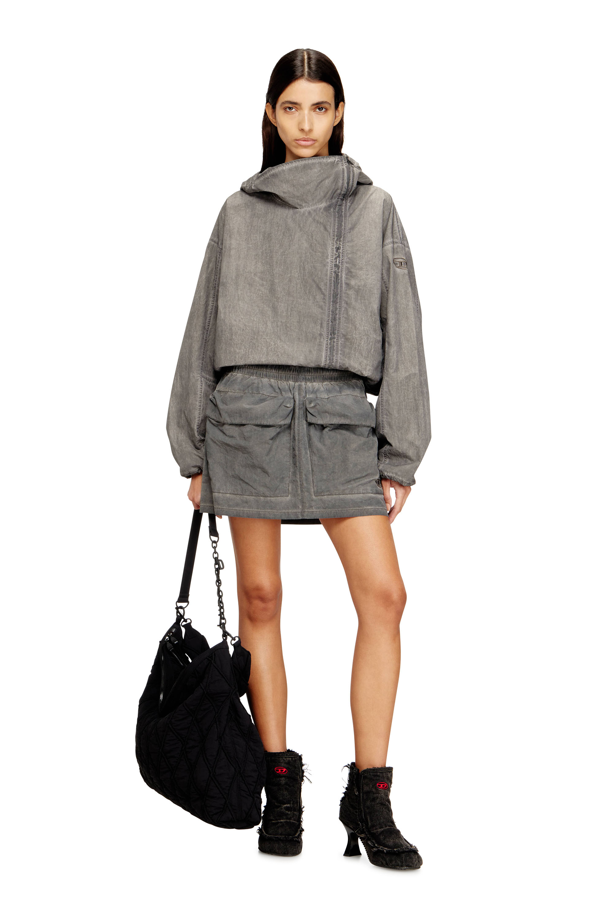 Diesel - O-CEAN-S1, Woman's Nylon mini skirt with maxi pouch pockets in Grey - 2