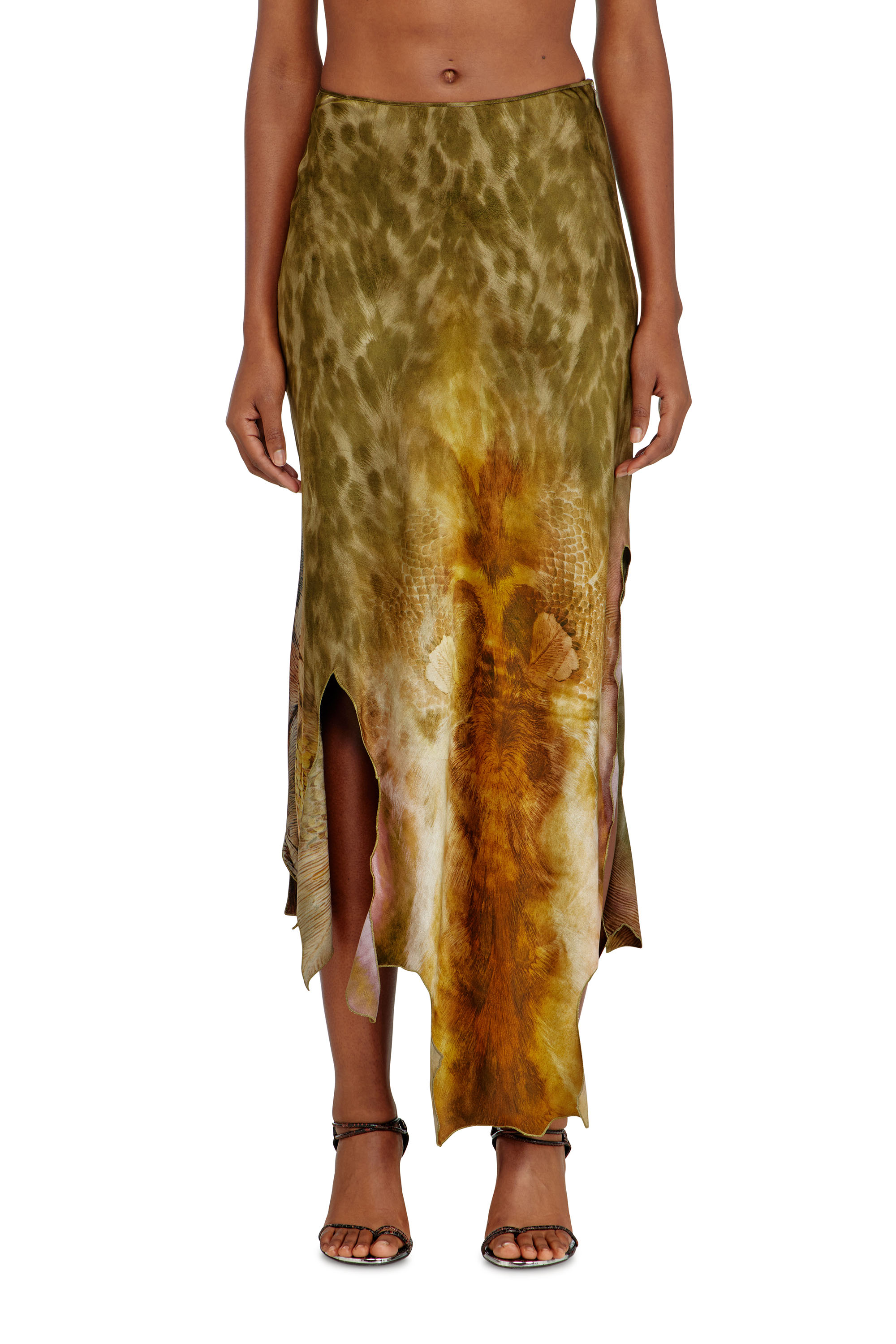 Diesel - O-TORN, Woman's Long asymmetrical skirt in printed satin in Brown/Green - 1