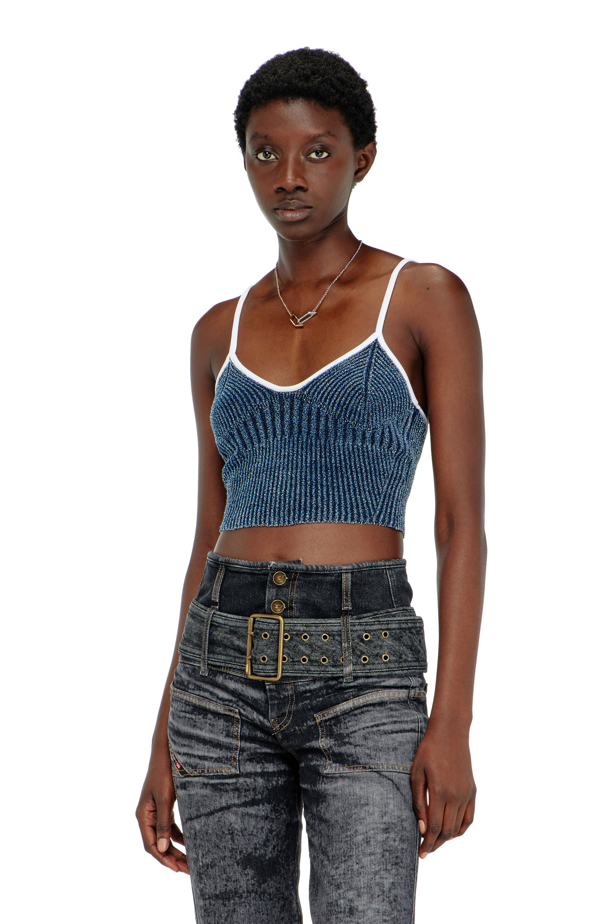 Diesel - M-ESTERE, Woman's Crop top in indigo boucl&eacute; ribbed knit in Blue/White - 1
