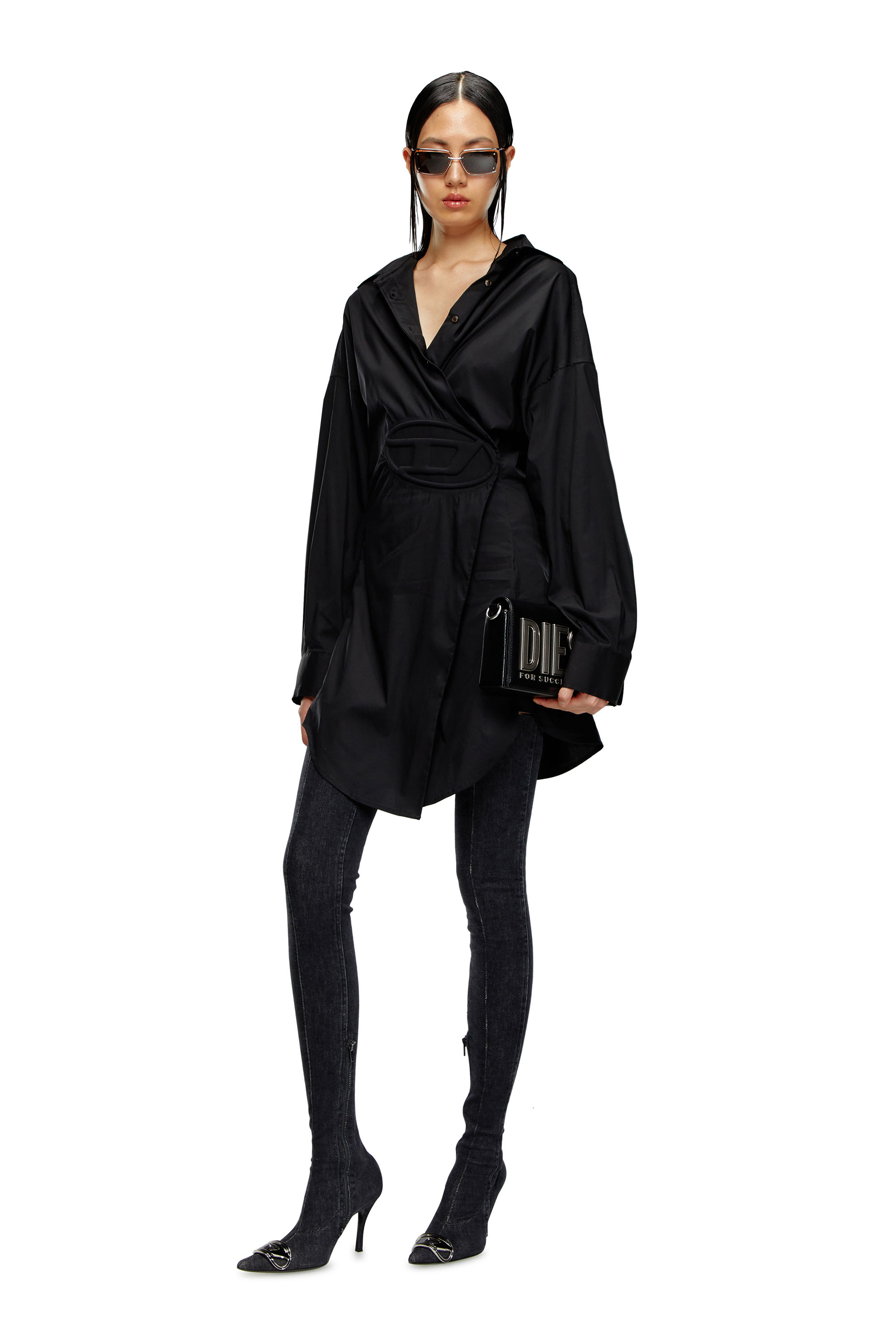 Diesel - D-SIZEN-N1, Woman Short shirt dress in stretch poplin in Black - Image 2