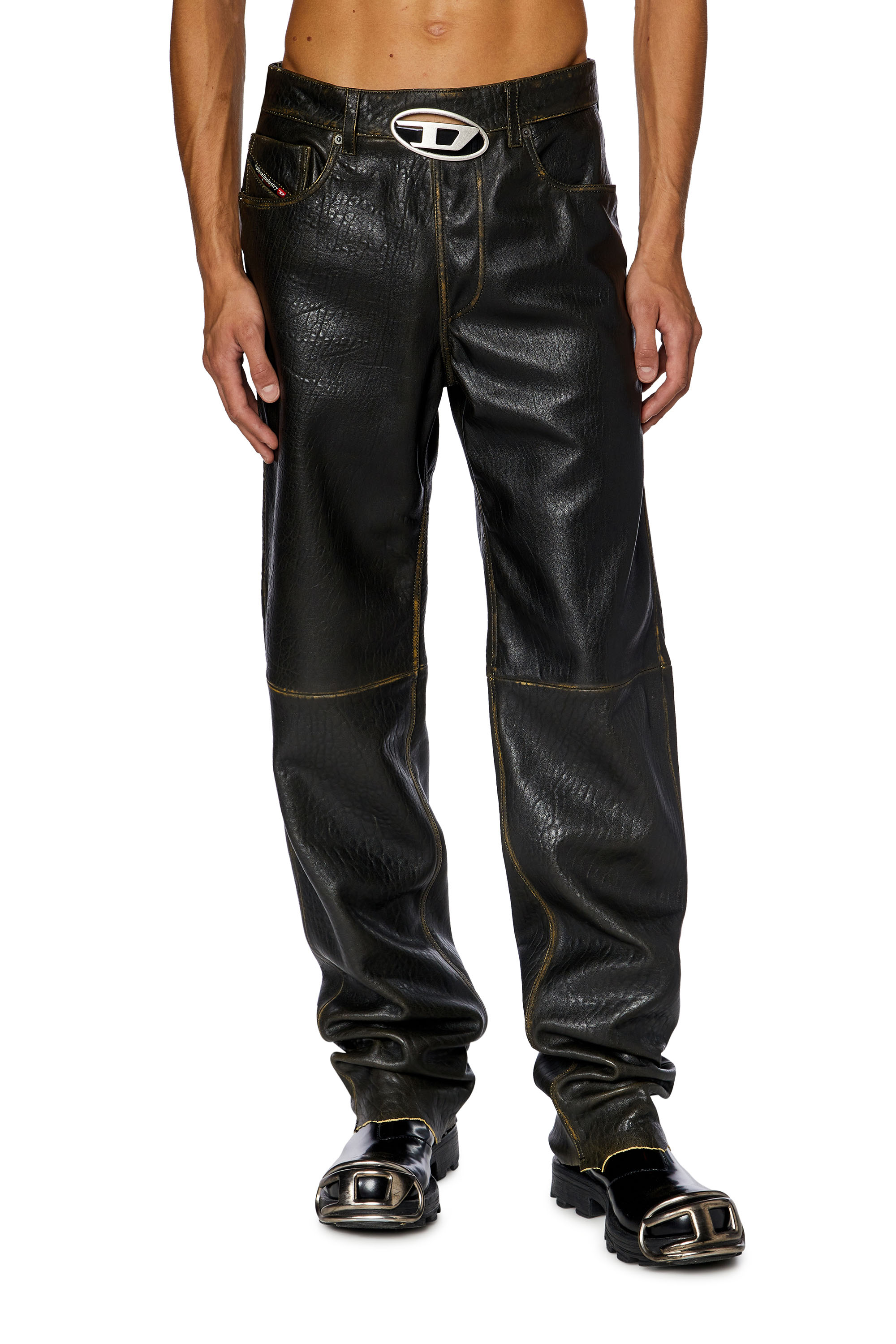 Diesel - P-KOOMAN, Man Textured leather pants with logo cut-out in Brown - Image 1