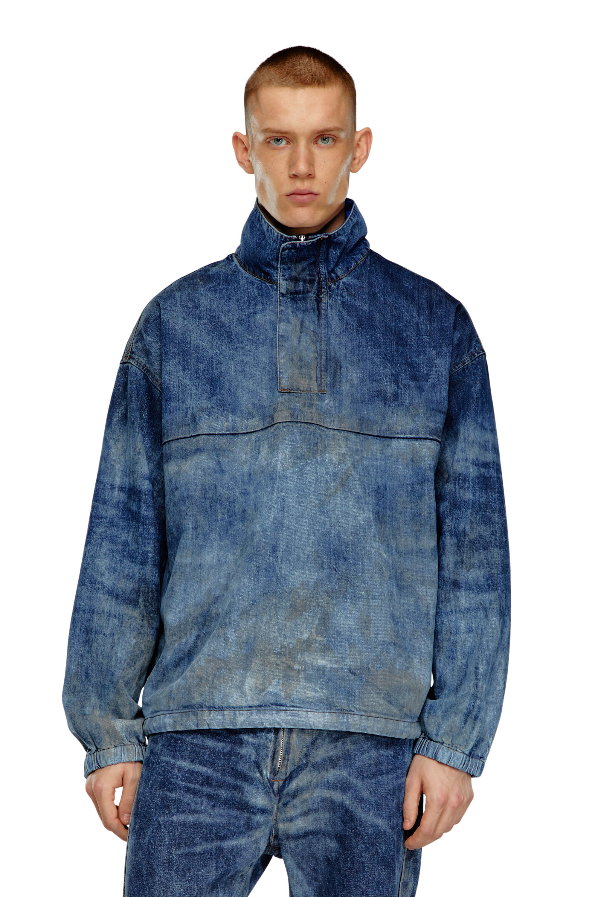 Diesel - D-FLOW-FSE, Man Pullover jacket in dirt-effect denim in Blue - Image 6