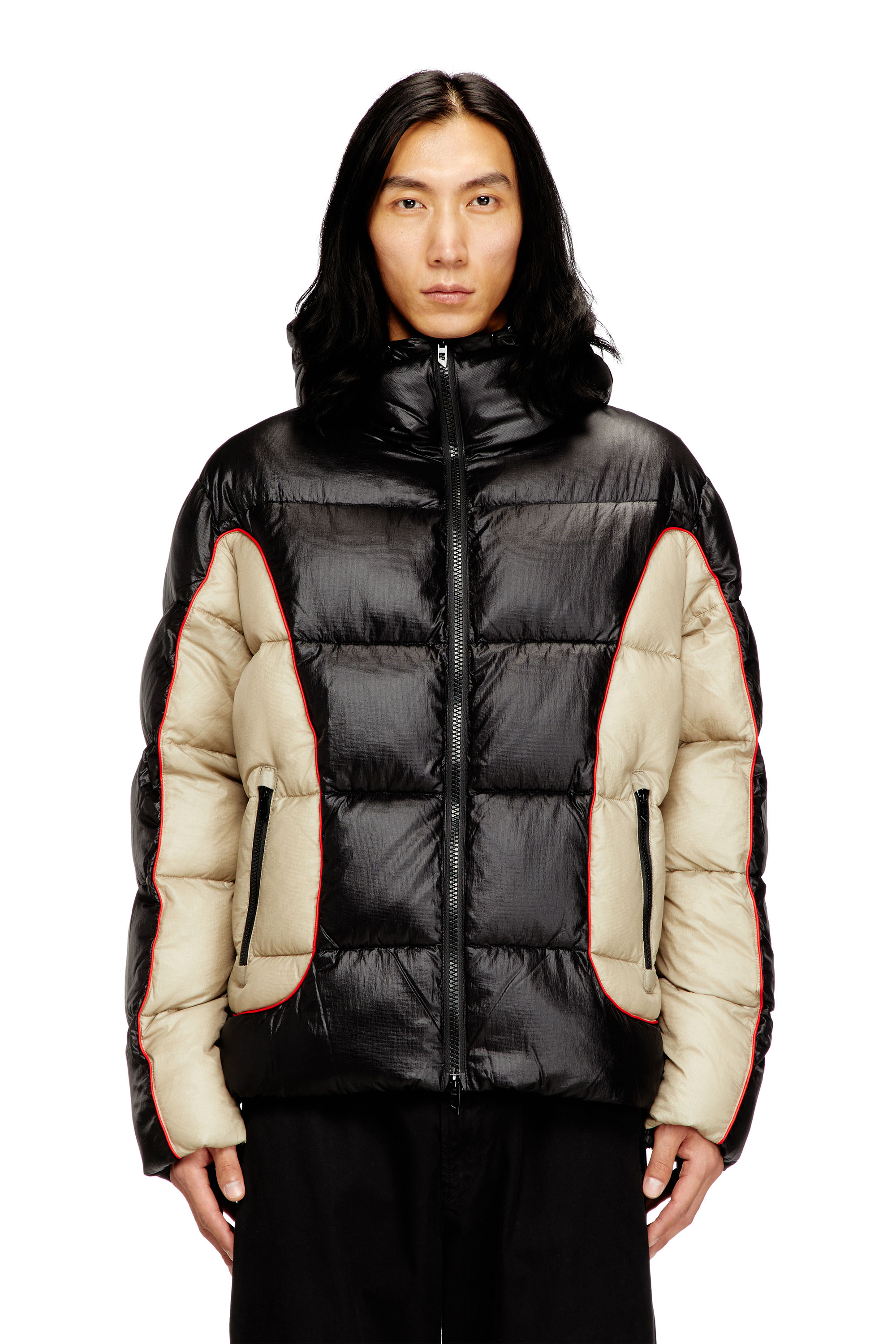Diesel - W-OSTEND, Man's Hooded puffer jacket in shiny ripstop in Black/Beige - 3
