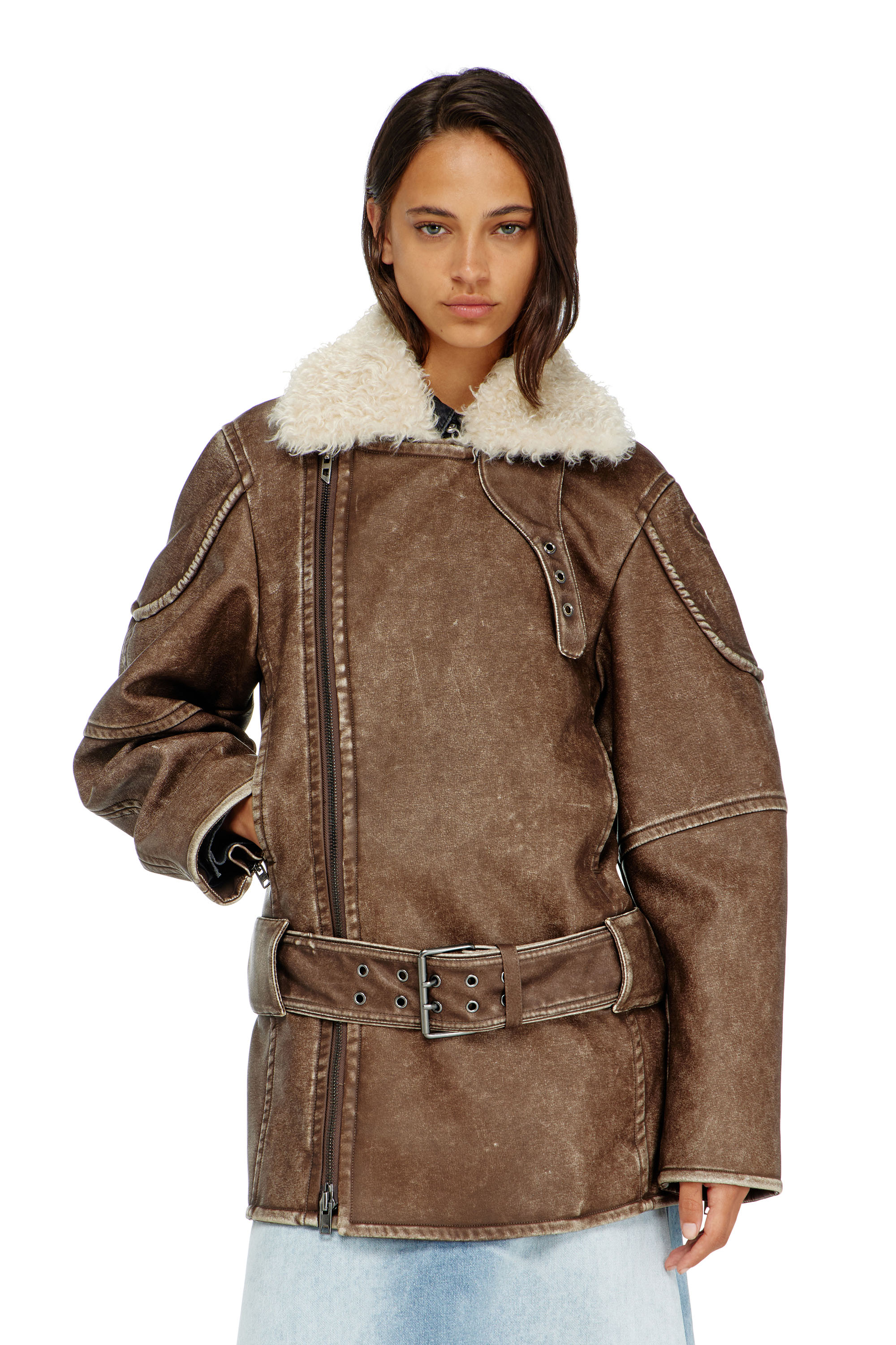 Diesel - G-EYSER, Woman's Double-breasted aviator-biker coat in Brown - 1