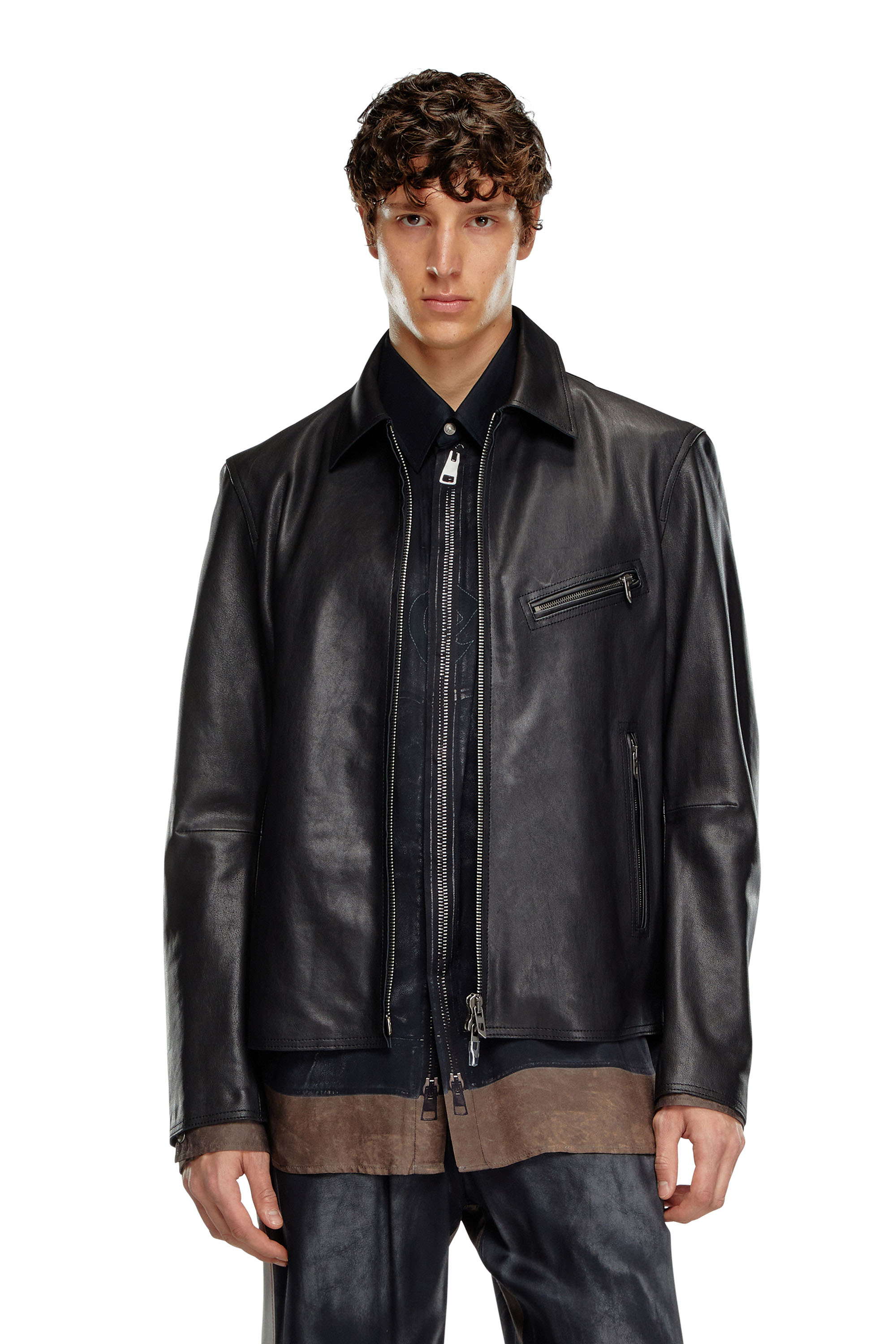 Diesel - L-KORN-A, Man's Leather jacket with embossed Oval D in Black - 1